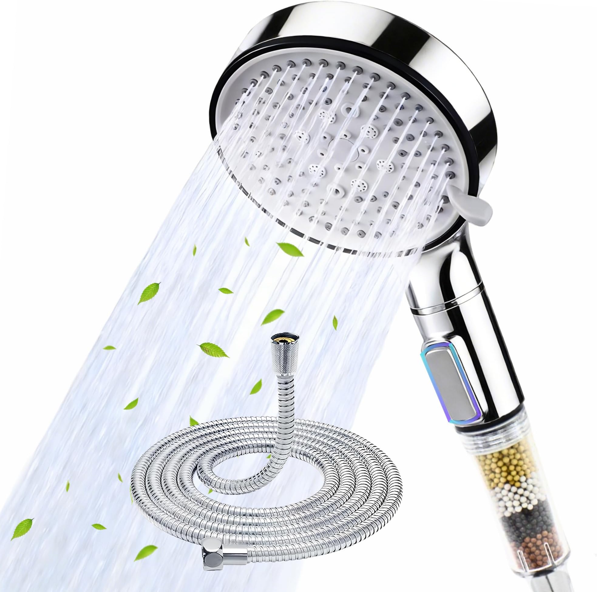 High Pressure Shower Head with 1.5M Hose, Chrome Finished 5 Spray Modes Hard Water Filter Shower Head with ON/Off Switch, 12CM Large Spray Face Handheld Showerhead with Negative Ion Filtration