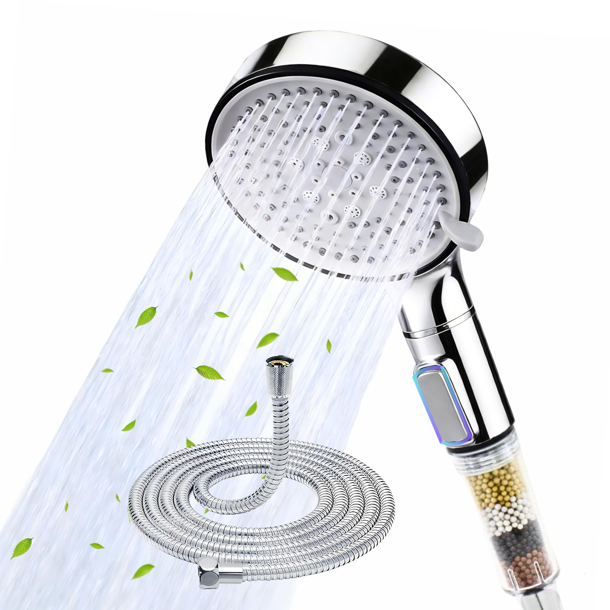 High Pressure Shower Head with 1.5M Hose, Chrome Finished 5 Spray Modes Hard Water Filter Shower Head with ON/Off Switch, 12CM Large Spray Face Handheld Showerhead with Negative Ion Filtration