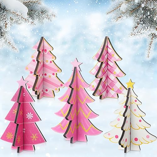 Vista 7 de Bucherry 5 piezas de árboles de Navidad de madera, decoraciones de mesa, árboles de Navidad rústicos 3D, centros de mesa de Navidad, letreros