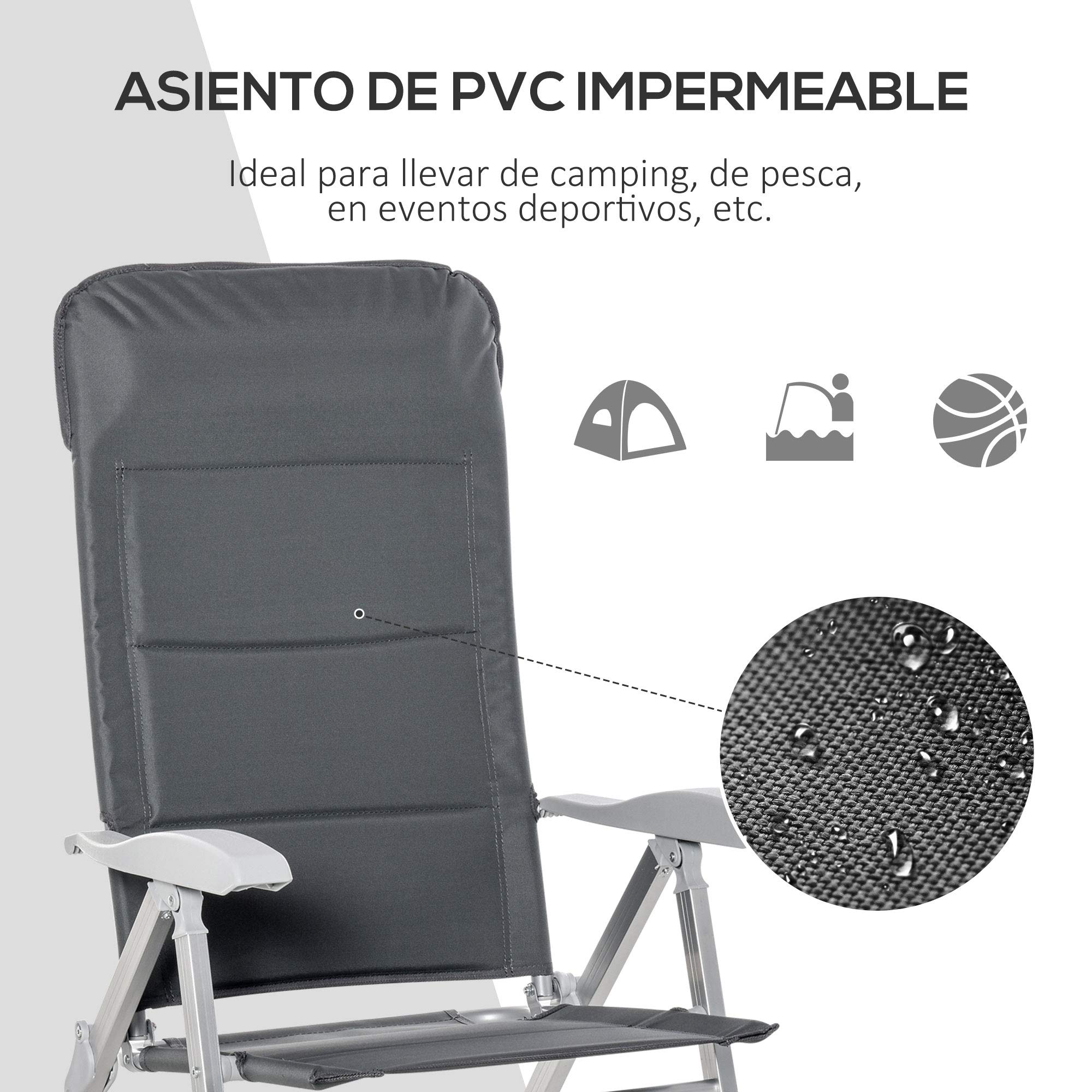 Outsunny Silla de Jardín Plegable Portátil de Aluminio con Respaldo Alto Ajustable en 8 Posiciones y Reposacabezas Acolchado para Exterior Terraza Camping 75x61,5x115 cm Gris