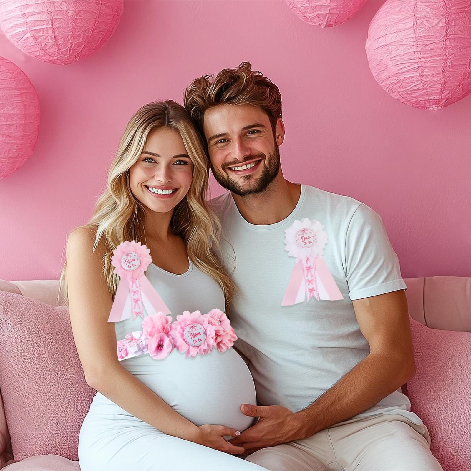 Cheerupp Pink Bow Gender Reveal Maternity Sash Kit, Pink Picnic Baby Shower Belly Belt and Mom To Be Dad To Be Corsage Pins - Image 4