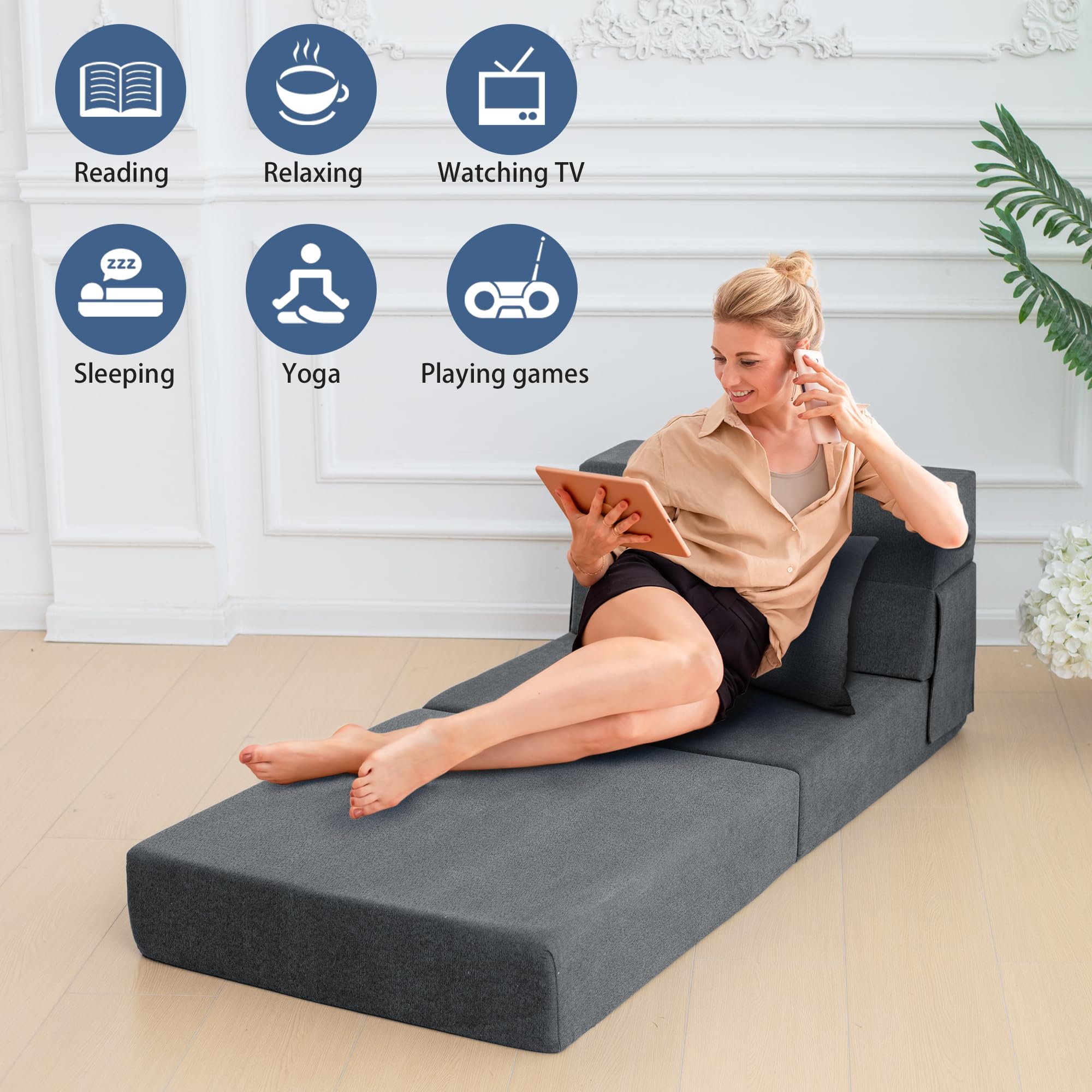 Sofá cama plegable con almohada, silla plegable convertible para cama, colchón de espuma para el suelo, sofá cama plegable para sala de estar, dormitorio, invitados, oficina (gris, 7