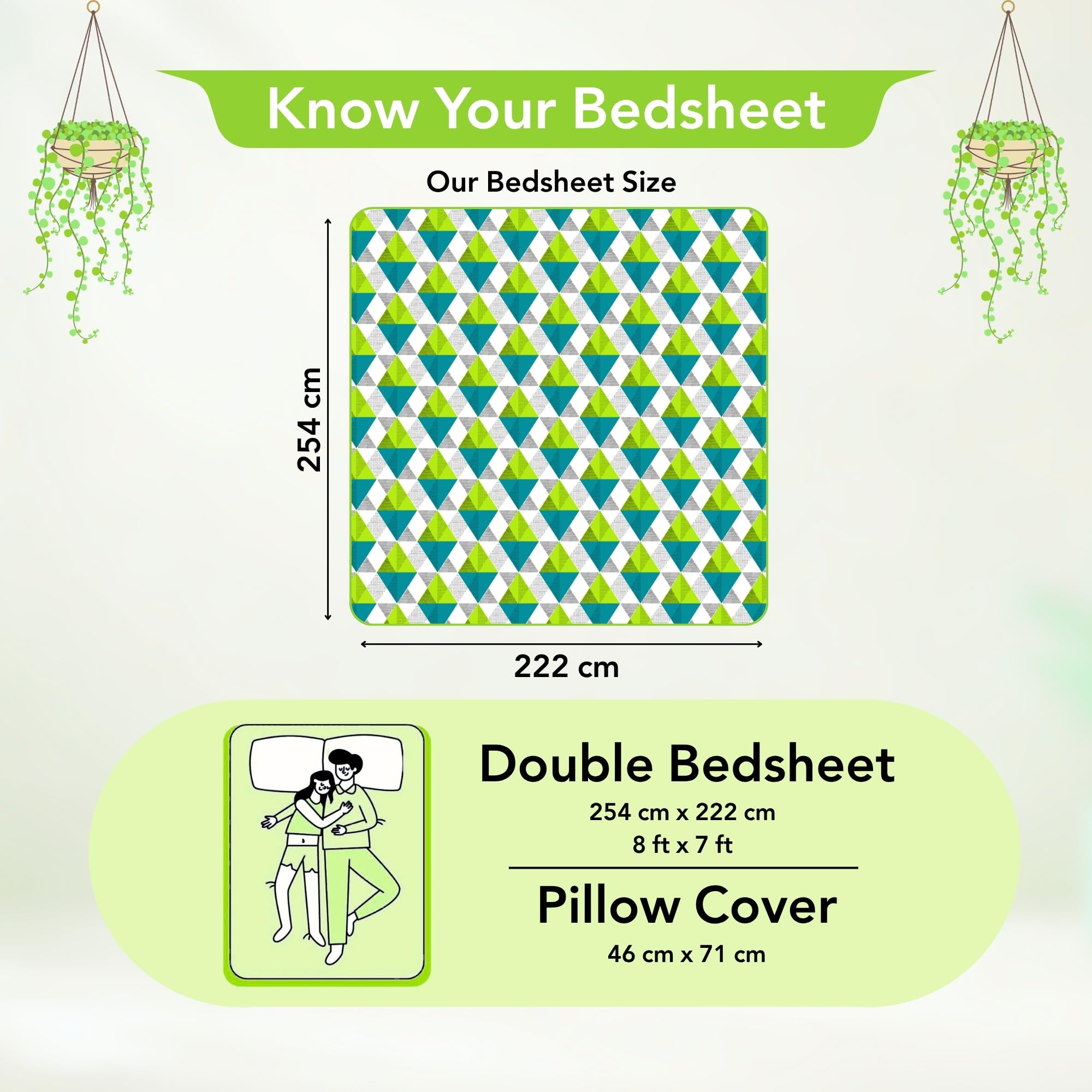 Divine Casa 144 TC Cotton Bedsheet for Double Bed with 2 Pillow Cover (222 x 254 cm, Aqua Lime, Geometric) 3