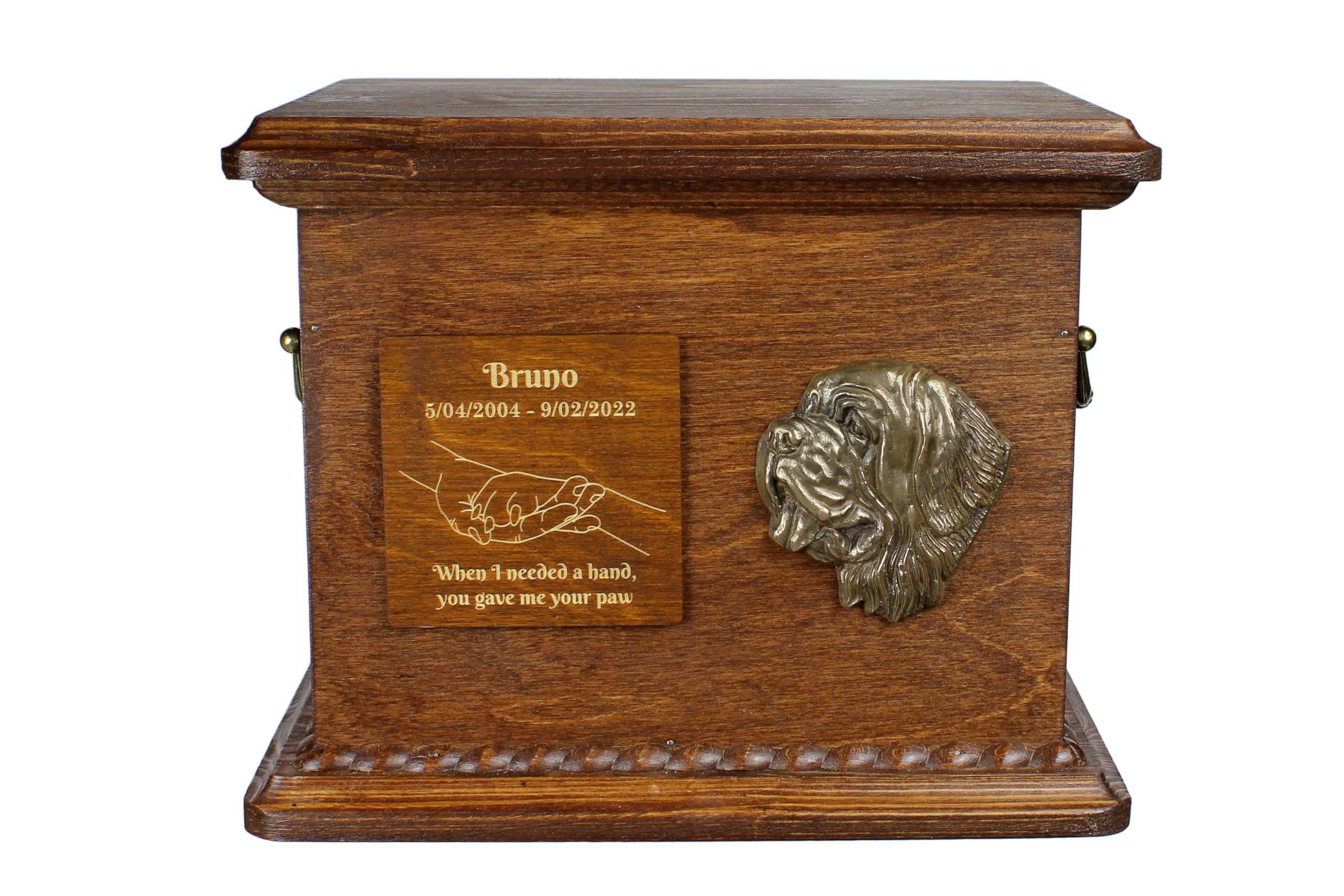 Art-Dog Urn for Dog Ashes - Handmade Memorial with Relief, Personalized Engraving, and Cold Cast Bronze Bust – Custom Pet Memorial Urn – 8.3x11.4x8.7” – Saint Bernard