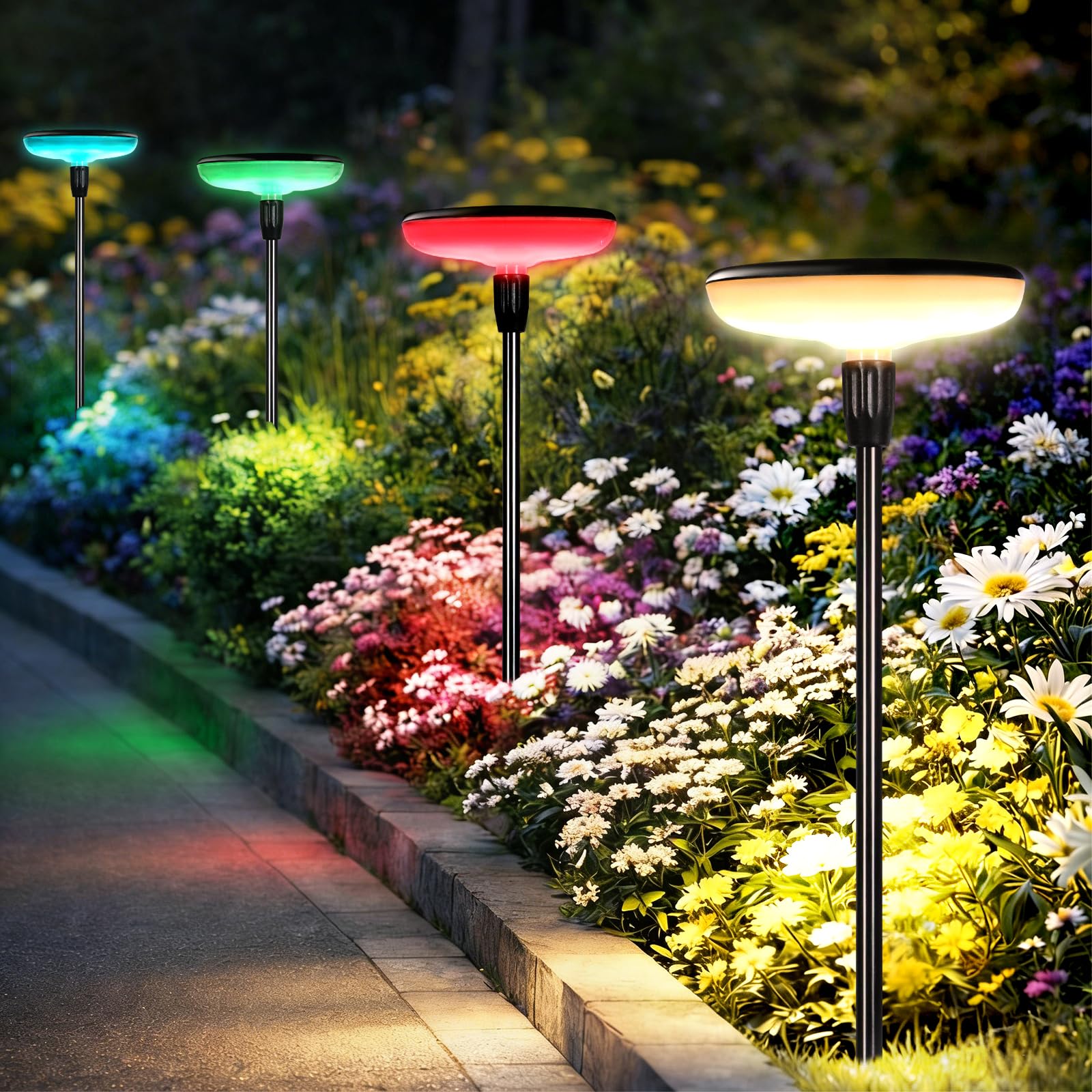Luci Solari da Giardino Set 4 Pezzi, Lampade Solari da Esterno con Bianco Caldo e RGB, 1000mAh, 21 LEDs 55 lumen, Altezza Regolabile 77 cm, Impermeabile IP65 per Esterno Festa Terra Prato