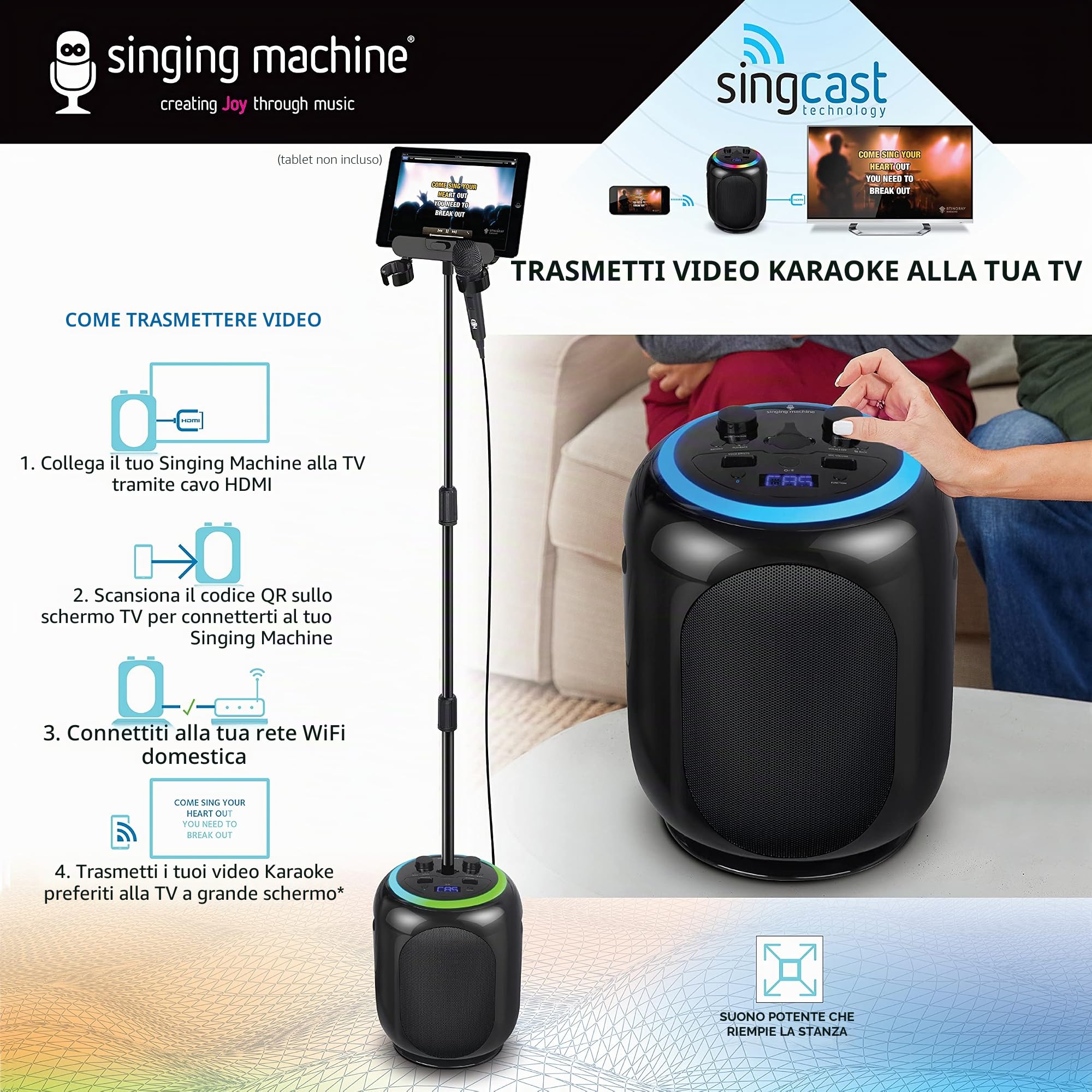 Singing Machine SMC2035 Sing Cast Max Karaoke System con tecnologia Casting, 22 effetti vocali e correzione del tono