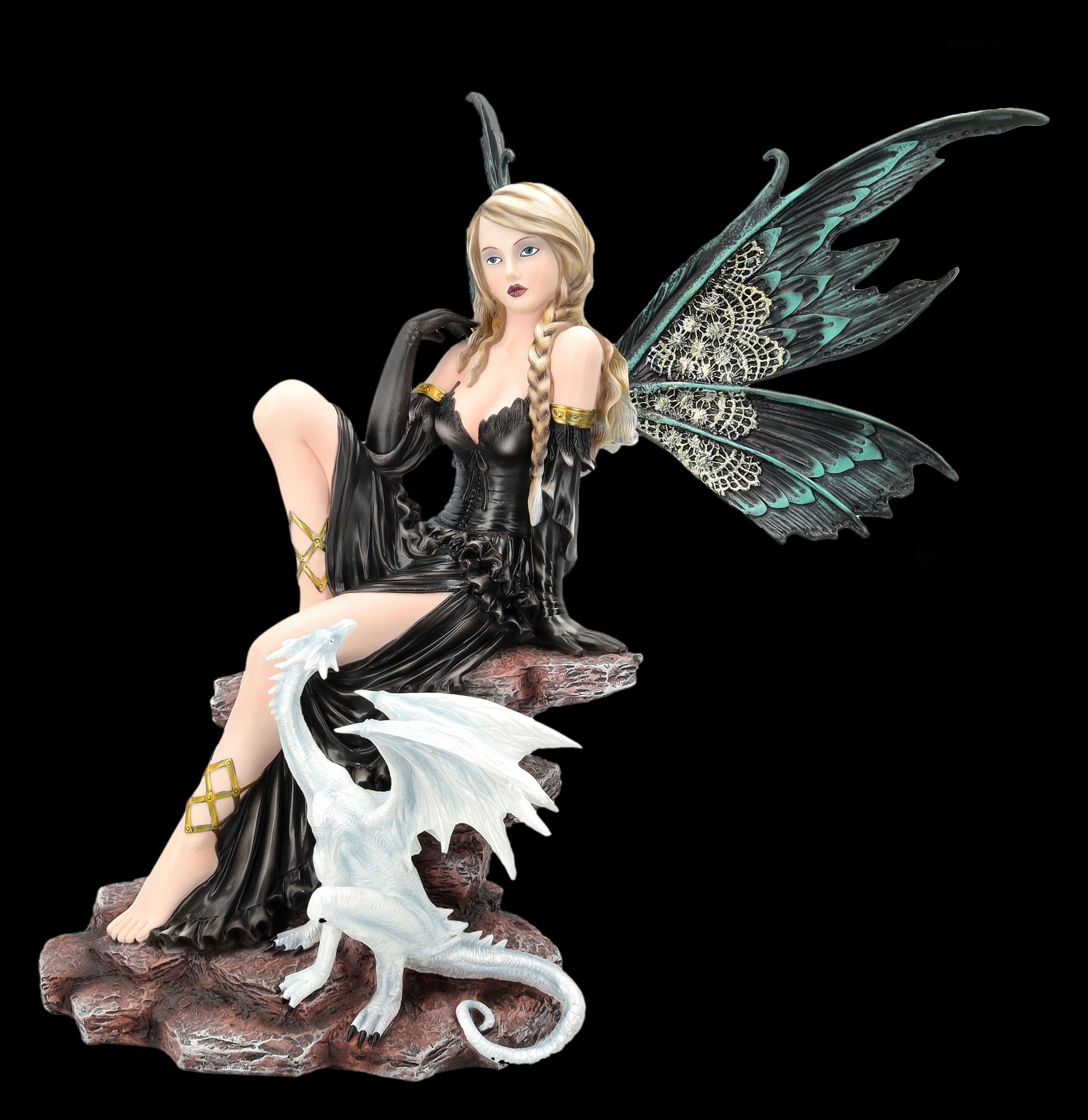 Figuren Shop GmbH Elfenfigur Nyra die Schattenelfe mit Drache – handbemalte Fantasy-Deko (43 cm) – Tales of Aurelion Collection – Mystische Geschenkidee für Elfen- & Drachen-Fans