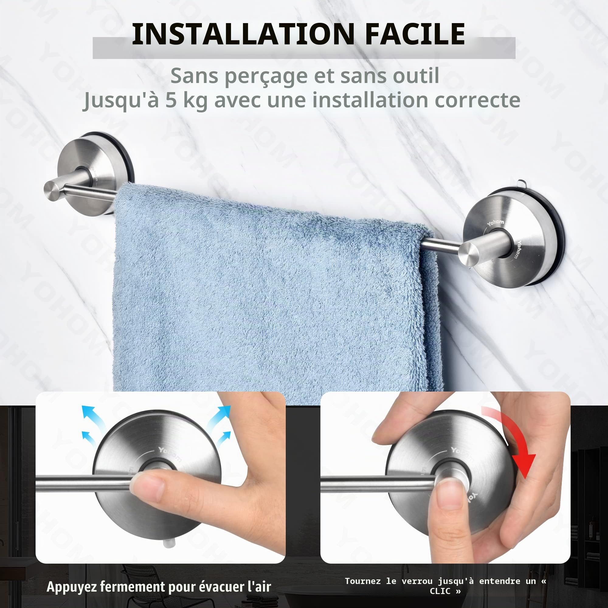 YOHOM Barre Porte Serviette Ventouse 42.8cm Porte Serviette Salle de Bain Ventouse INOX Porte Anneau Torchon Cuisine Ventouse Mural Support Serviette Douche sans Perçage Brossée (17-inch)