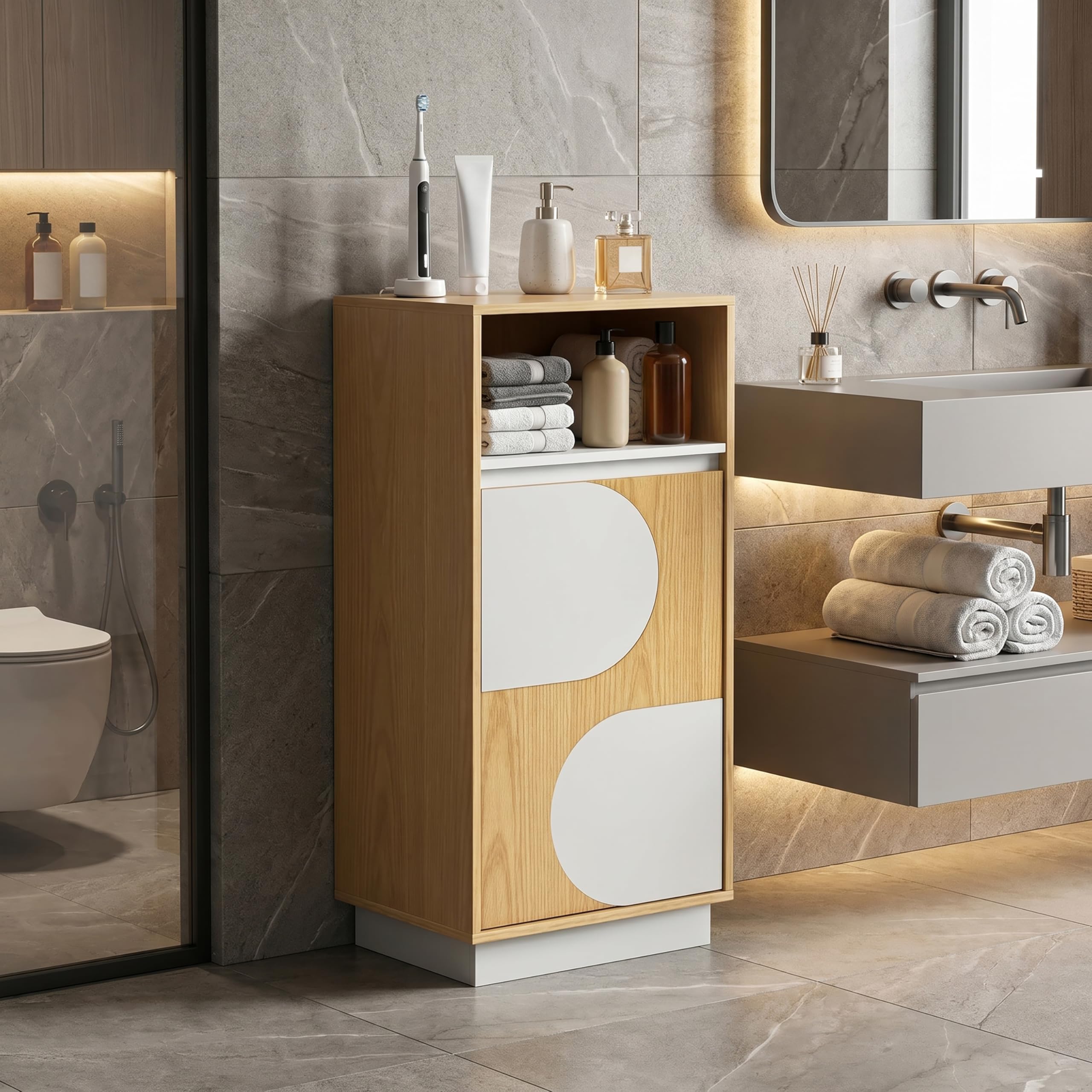 Hometopia Badezimmerschrank 85cm schmal, Badregal mit Tür | verstellbare Regalböden, Eichenoptik, freistehend, Holz, vielseitig für Bad, Wohnzimmer & Flur, 30x40x85 cm, pflegeleicht