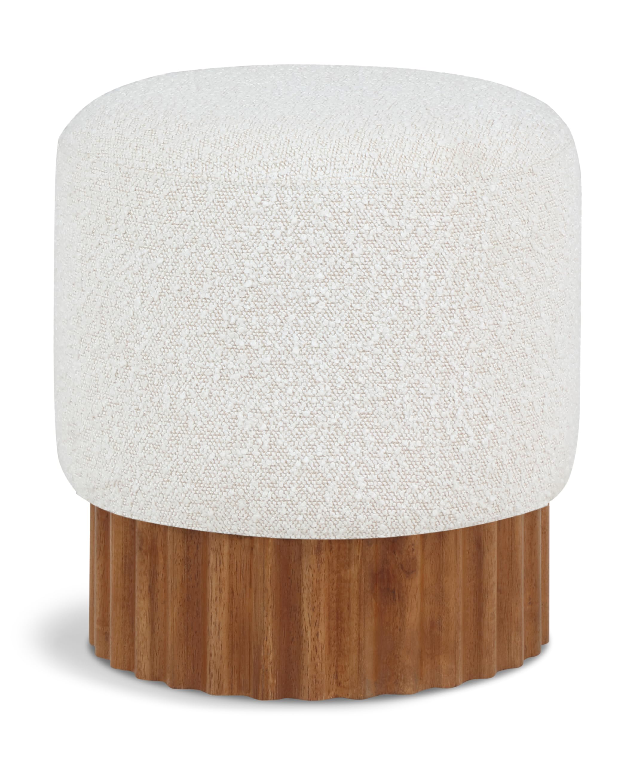 Meridian Furniture 22047Cream Veranda Collection Mid-Century Modern Ottoman/Stool with Rich Cream Boucle Fabric, Solid Wood Walnut Brown Finish Base,