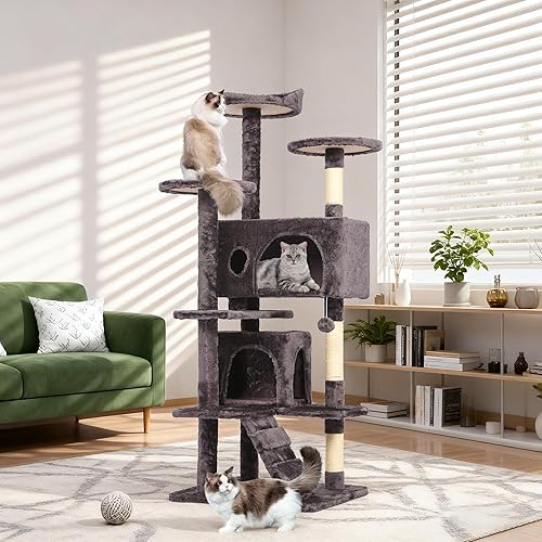 Vista 132 de BestPet Torre de árbol para gatos de 54 pulgadas Beige Resistente y fácil de montar, centro de actividades de varios niveles con postes