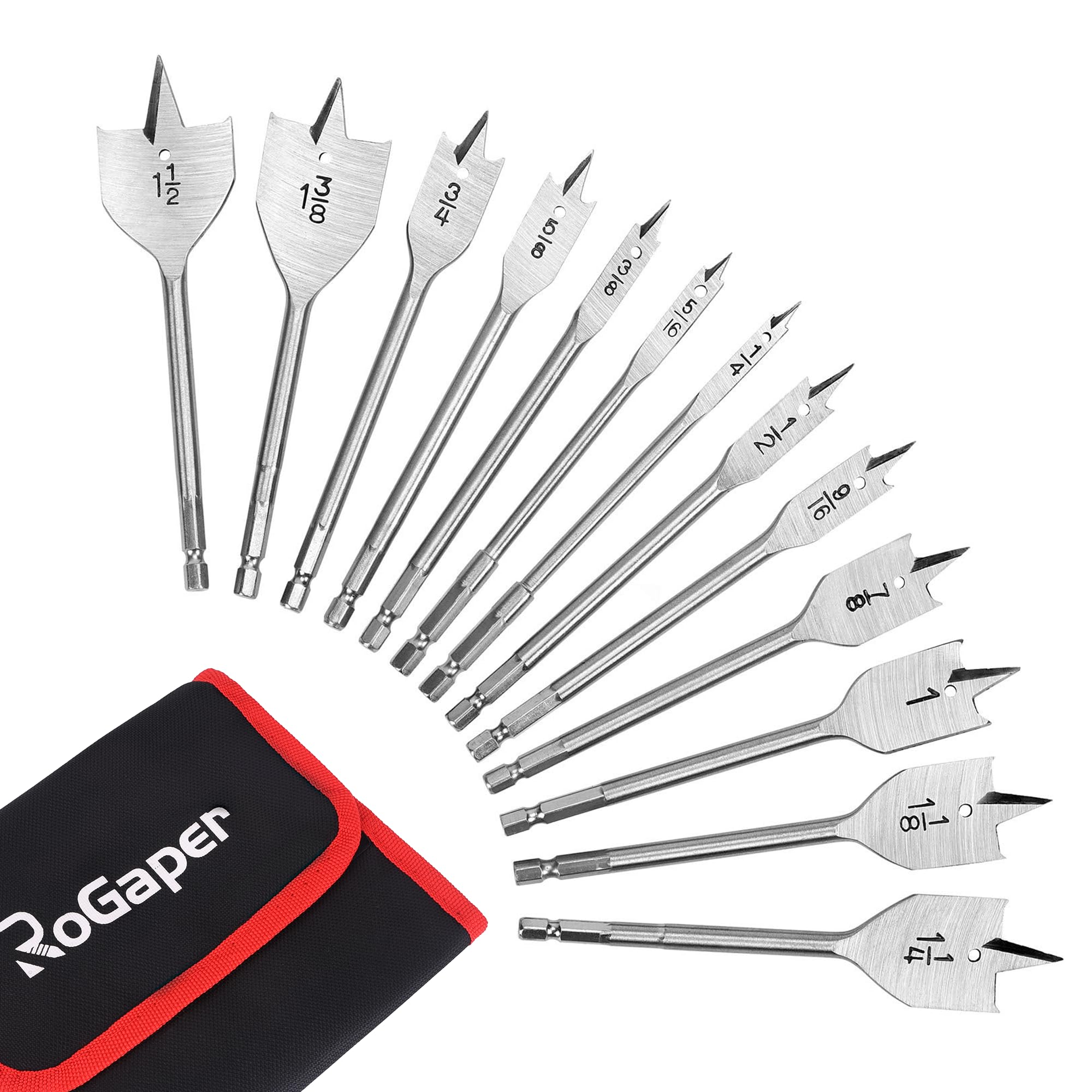 ROGAPER 13-Piece Spade Drill Bit Sets, Alloy Steel Paddle Flat Bit with Quick Change Shank, Flat Wood Hole Cutter Fit for Woodworking, Assorted Bits