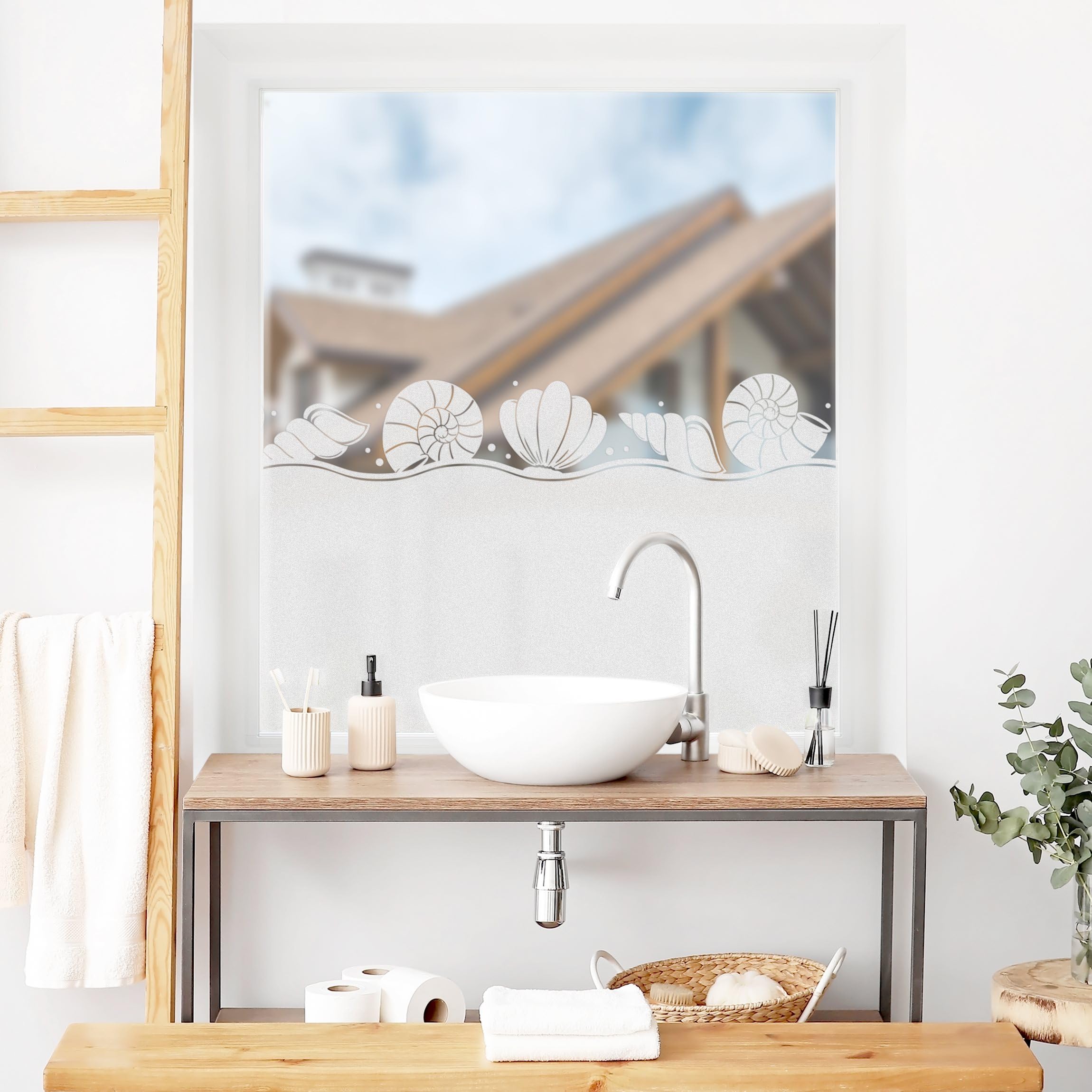Fensterfolie statisch haftend Strand Sichtschutz Milchglas - Made in Germany - Motiv Modern Blickdicht Scheibe Innen Weiss Schlafzimmer Wohnzimmer Küche Glas 1501 (100x50cm)