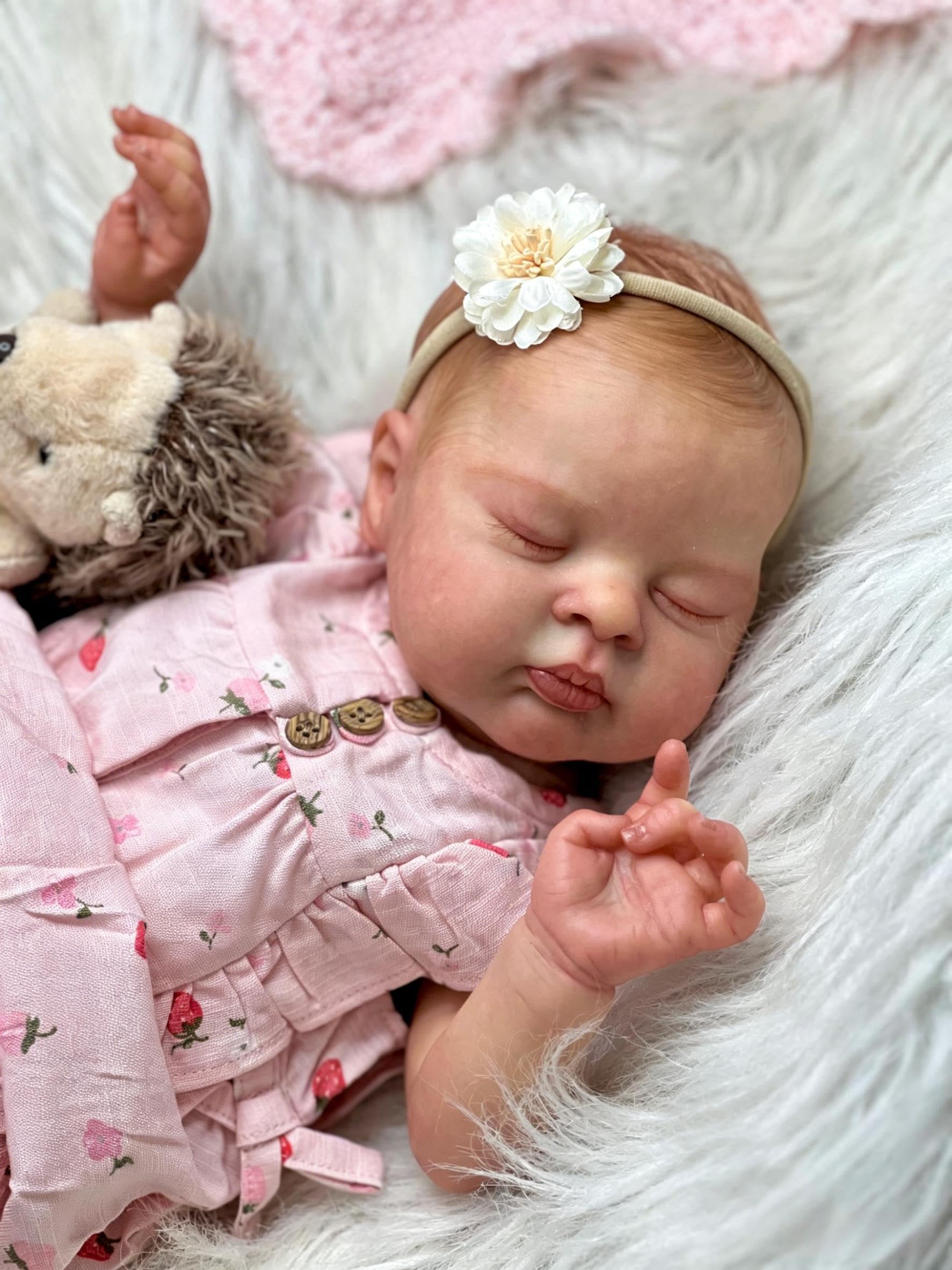 RXDOLL Reborn Puppen Lebensecht Mädchen, 48cm Schlafende Neugeborenen Babypuppe Weicher Stoffkörper, Lebensechte Babypuppen Wie Echt Silikonbabys Mädchen Geschenk für Kinder 3+