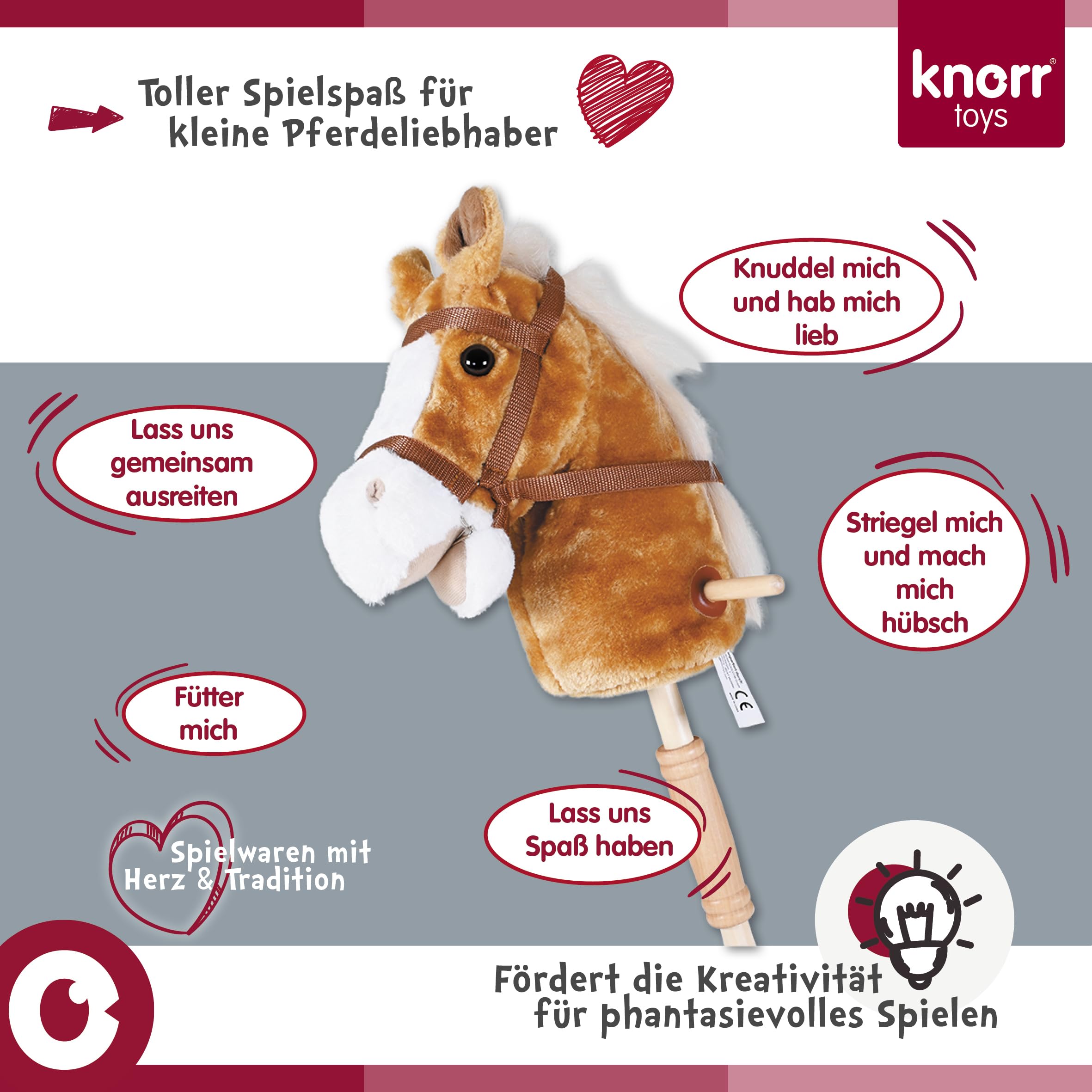 Knorrtoys 40101 - koń na kiju "Sugar", jasnobrązowy