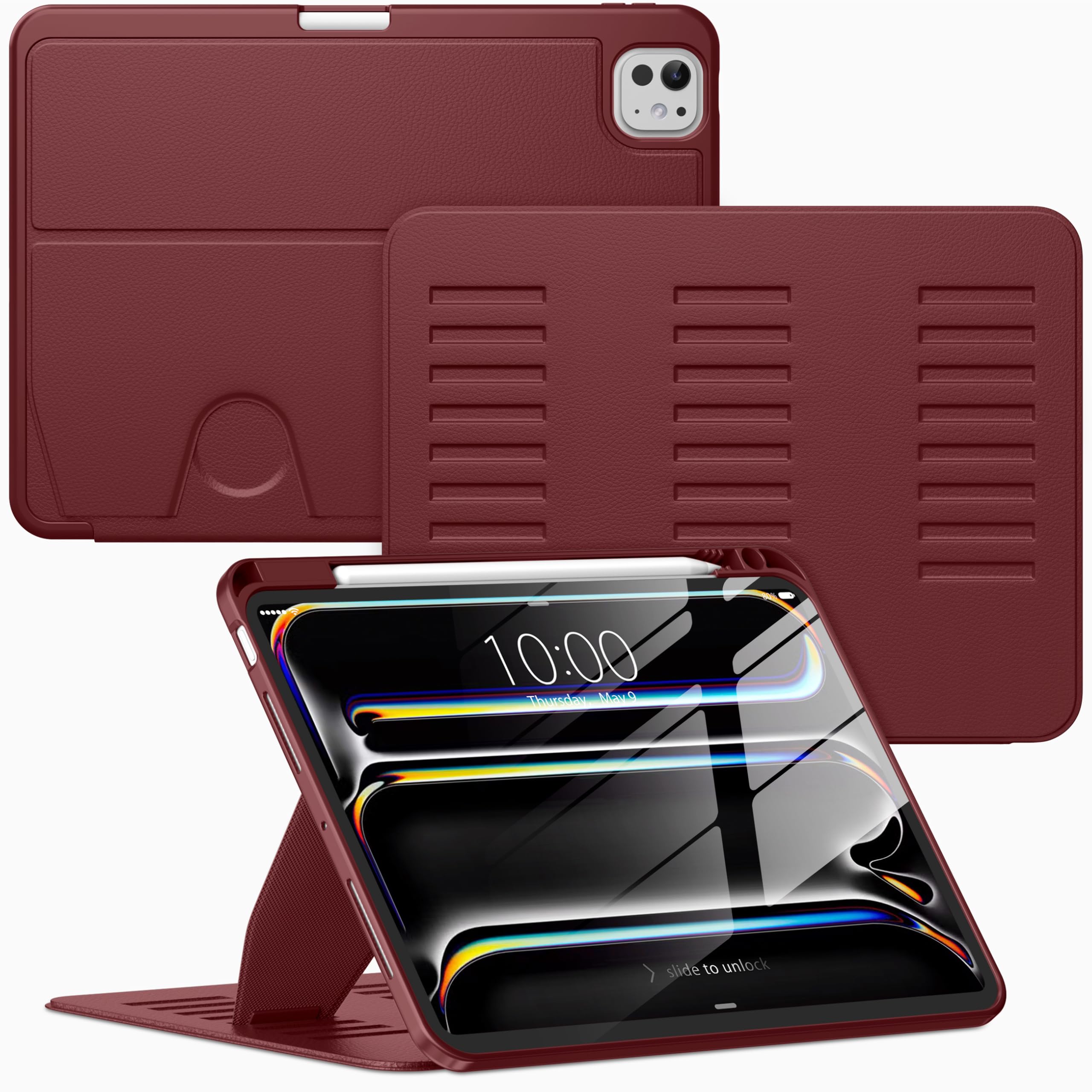 VIKESI Case for iPad Pro 11 inch (M5/M4) 2025/2024,Multiple Angles Magnetic Stand Cover,Shockproof Back,Pencil Holder,and Auto Sleep/Wake,Wine