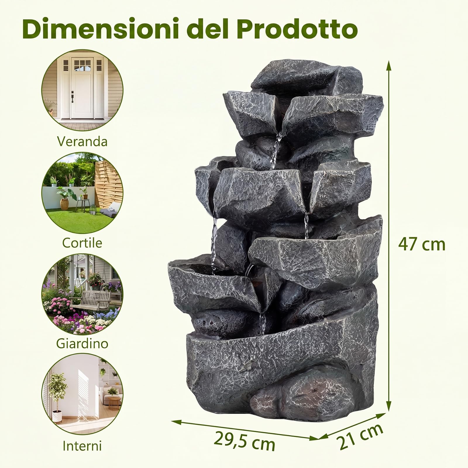 COSTWAY Fontana da Giardino a 5 Livelli, Fontana Cascata da Esterno con Luci e Flusso d'Acqua Regolabile, Fontanella Elettrica a Forma di Roccia con Effetto di Pietra da Terrazza e Balcone
