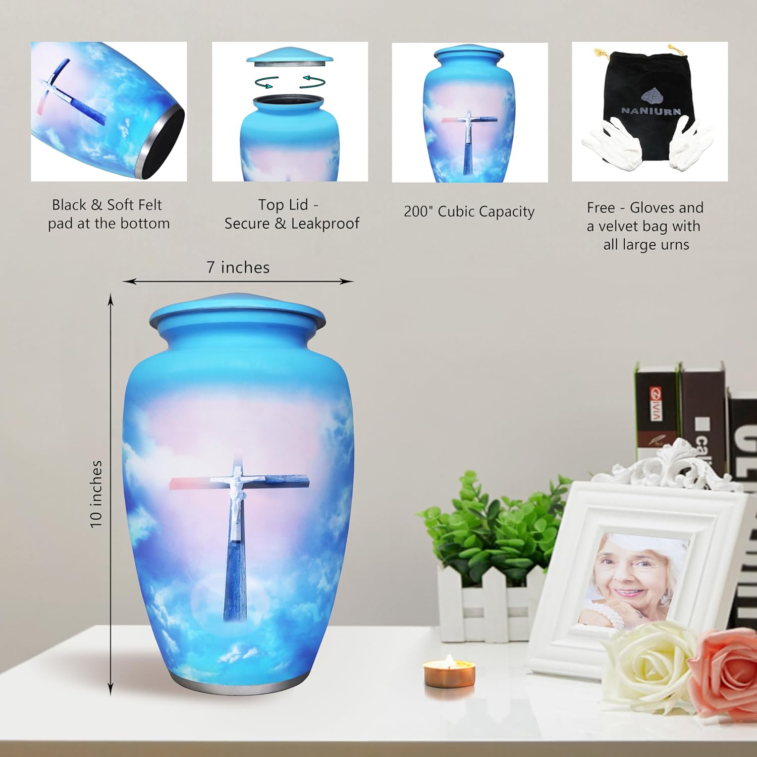 Cremation Urns for Human Ashes Adult Female or Male, Urn for Ashes for Women or Man, Soulful Religion Cross, Burial, Funeral Decorative Urn, Blue Sky and White Clouds, Crosses Urns - Large