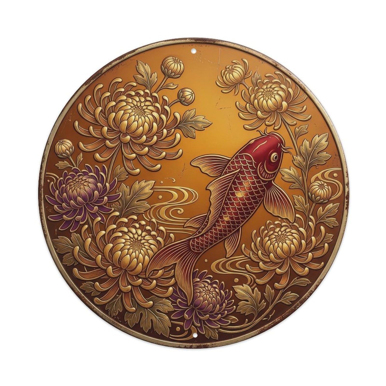 Chrysanthemum Imperial Koi Fish Metal Tin Sign Plaque Wall Decor for Cafe, Club, Garden Round Metal Poster 8x8Inch