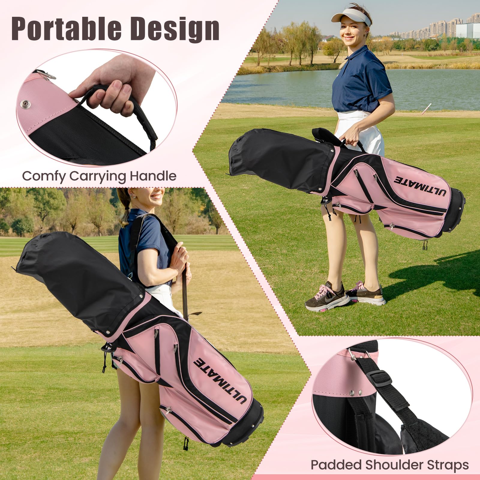 GYMAX Set di Mazze da Golf per Donna con Sacca Portatile, Kit Completo di 10 Pezzi per Donna con Driver 460 cc in Lega, Legno 3 di Fairway, Ibrido 4, Ferro 6 7 8 9 e Putter, Rosa