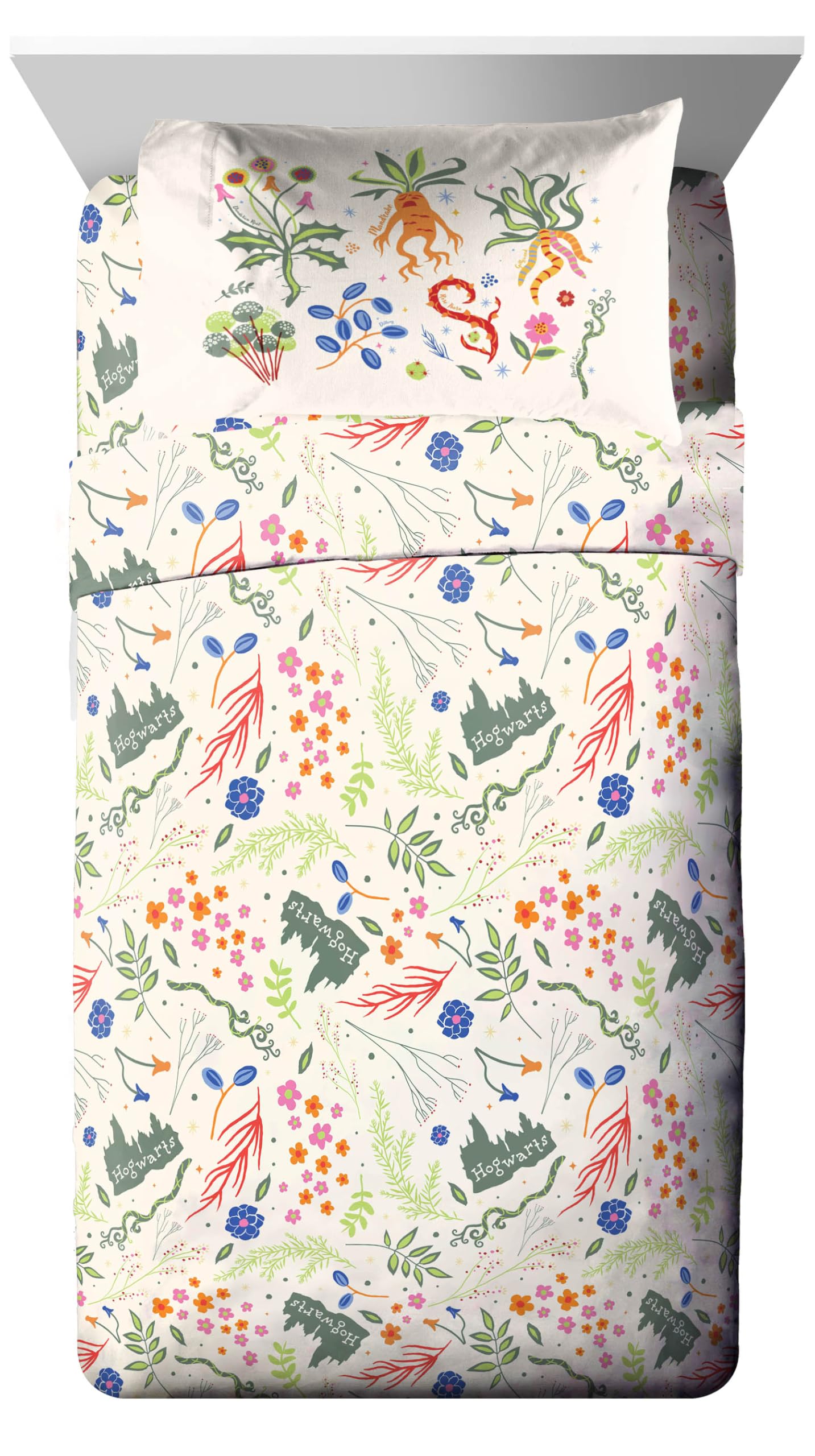 Jay Franco Set copripiumino per letto matrimoniale Harry Potter, 5 pezzi, include lenzuola e federe, super morbido, Hogwarts Herbology Bedding