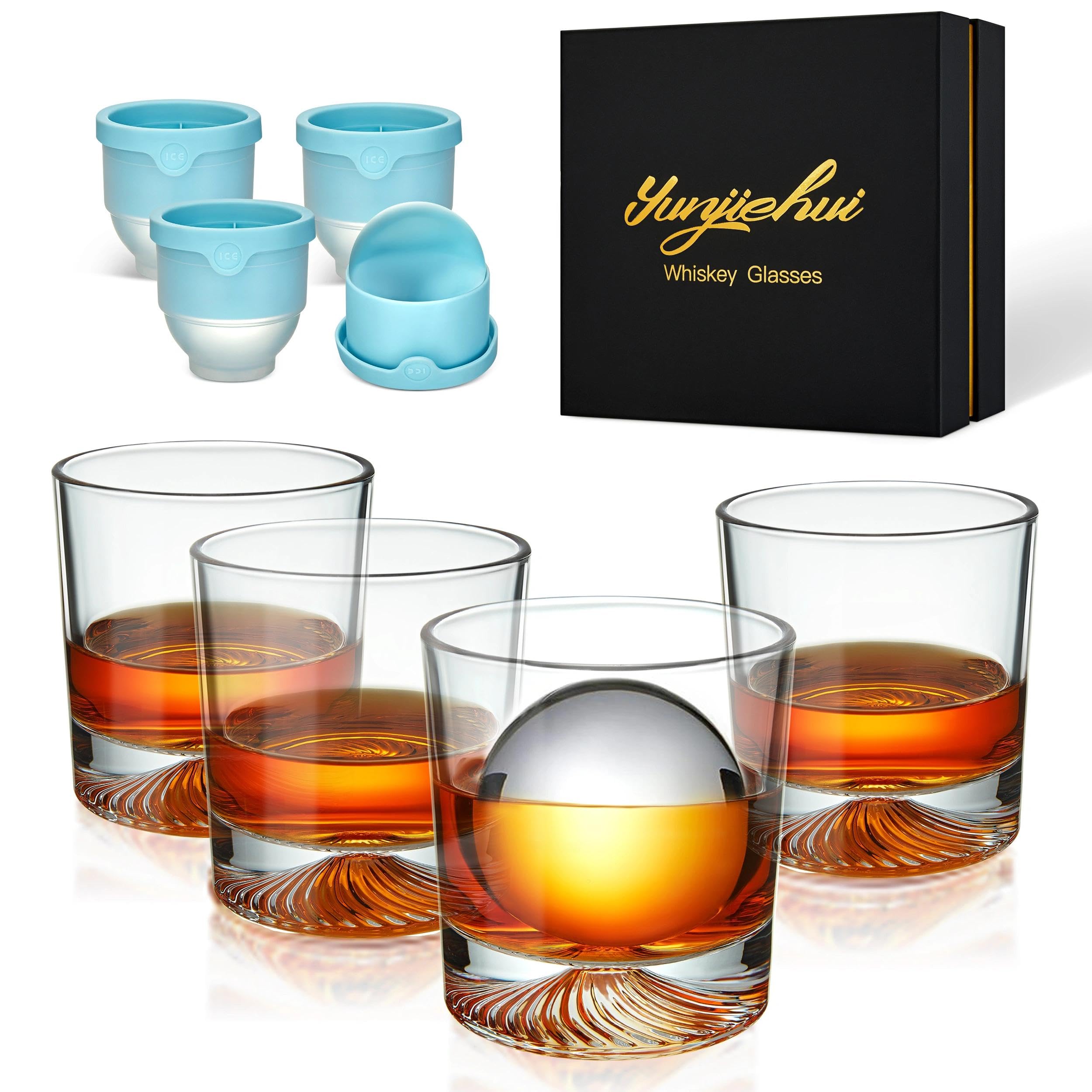 Yunjiehui Old Fashioned Whiskey Glasses Set of 4,9.5 oz Style Classic Cocktail Glasses,Bourbon Glasses，Suitable for Scotch Whiskey, Durable Lead-Free