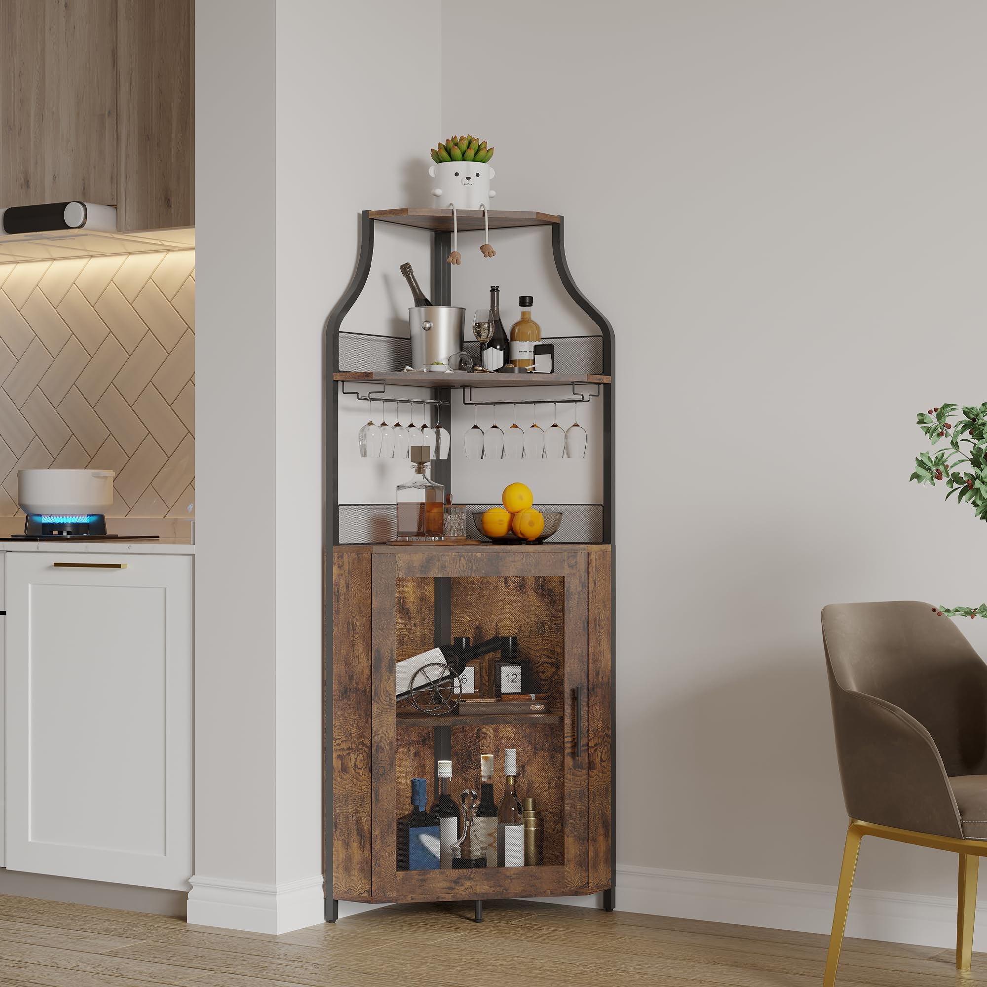 GarveeHome - Mueble esquinero para barra de vino con iluminación LED, 5 pisos ajustables y soporte para vasos integrados, ahorro de espacio de 35 cm para espacios reducidos (estilo loft retro