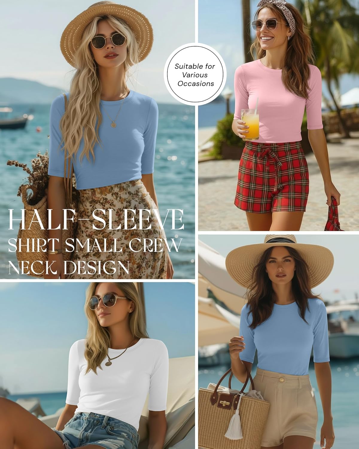 Riyiper 3 Pack Women's Half Sleeve Tops Crewneck 1/2 Sleeve T Shirts Elbow Length Tops Slim Fit Cotton Blend Basic Tees - Image 2