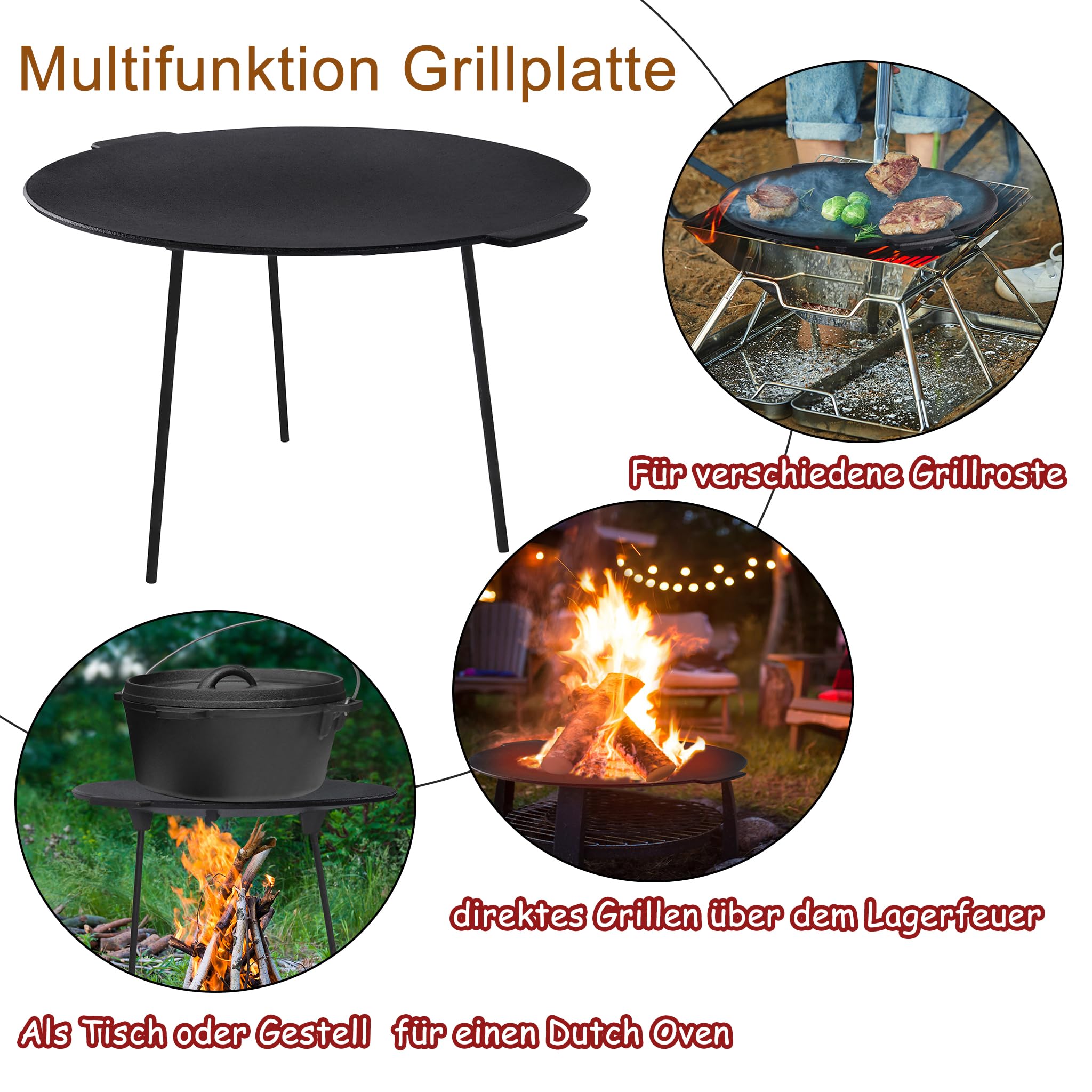 YRHome BBQ, żeliwna płyta grillowa, okrągła, Ø 45 cm, stojak na trójnogi, patelnia grillowa z uchwytami i torbą ochronną, wytrzymała patelnia outdoorowa, akcesoria do grilla, nakładka na kemping i do