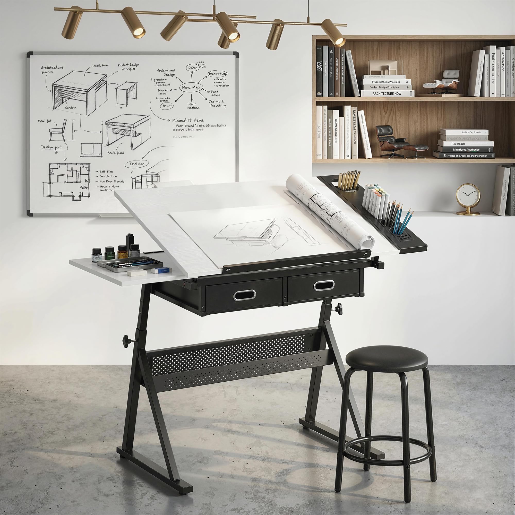 HOMCOM Zeichentisch mit Hocker Architektentisch höhenverstellbarer Arbeitstisch mit neigbarer Tischplatte und 2 Schubladen Schreibtisch Schülerschreibtisch für Architekt & Künstler, Weiß