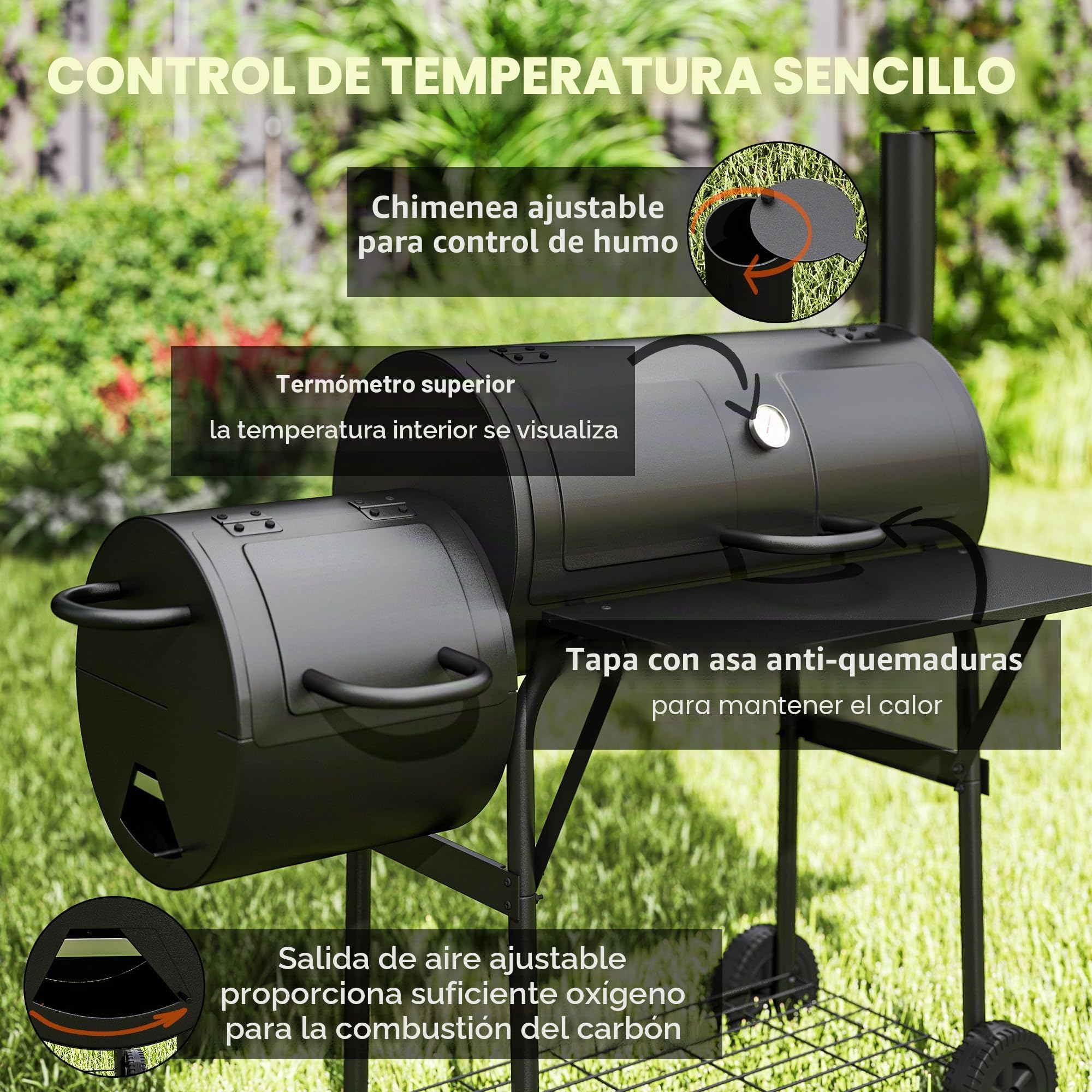 Outsunny Barbacoa de carbón Chimenea, Estante lateral plegable, Negro | Rejilla calentadora, estante inferior, tapa, termómetro, ruedas, Cocina al aire libre Jardín Fiesta