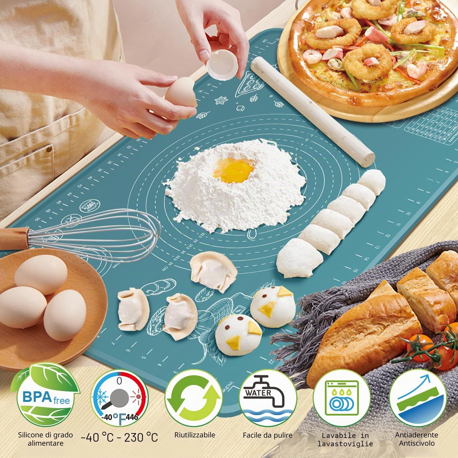 Tappetino da pasticceria in silicone, 80 x 60 cm, extra spesso, antiaderente, con misure e bordo rialzato, per pasticceria, pane, biscotti, pizza, fondente, pasta, indaco