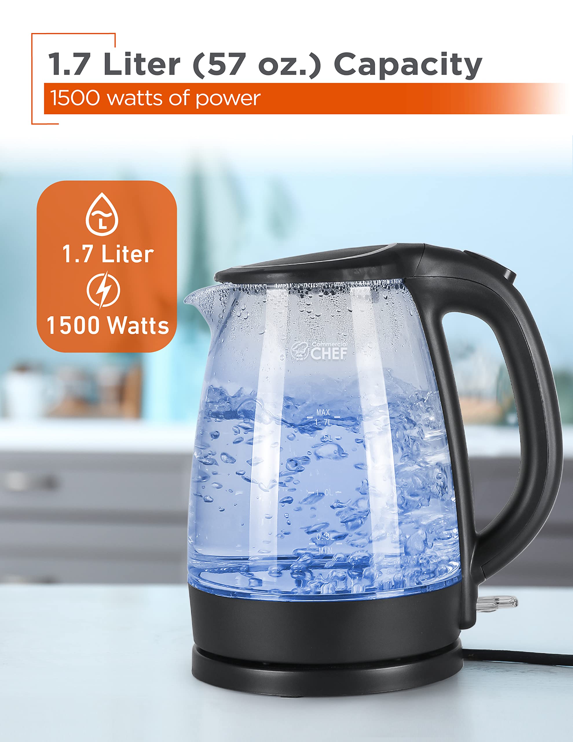 COMMERCIAL CHEF 1.7L Cordless Glass Kettle