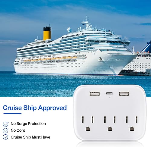 Miniatura 7 de Cruise Power Strip Cruise Essentials - Extensor de salida de protección sin sobretensiones con puertos de salida USB, adaptador de viaje portátil,
