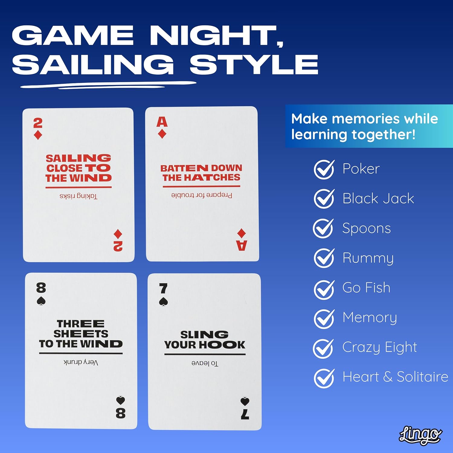 Lingo Sailing Playing Cards | Travel Flashcards | Learn Sailing Marintime Slang Vocabulary in A Fun & Easy Way | 52 Essential Translations