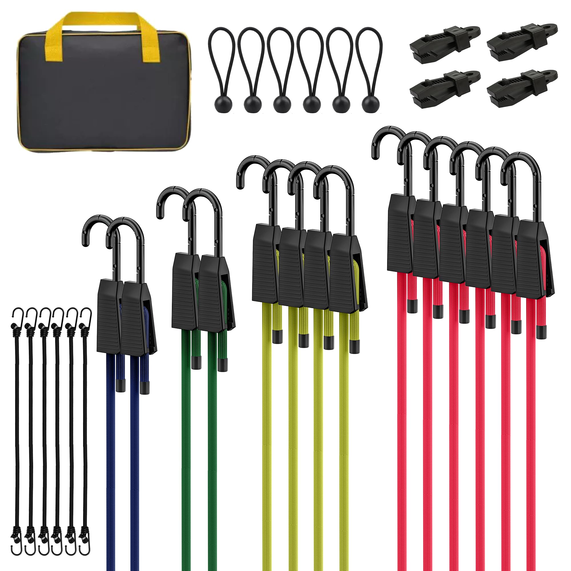 Rugtol Bungee Cords with Hooks, Upgrade 30pcs Assortment Outdoor with 60 90 120 150 cm Adjustable Bungee Cords