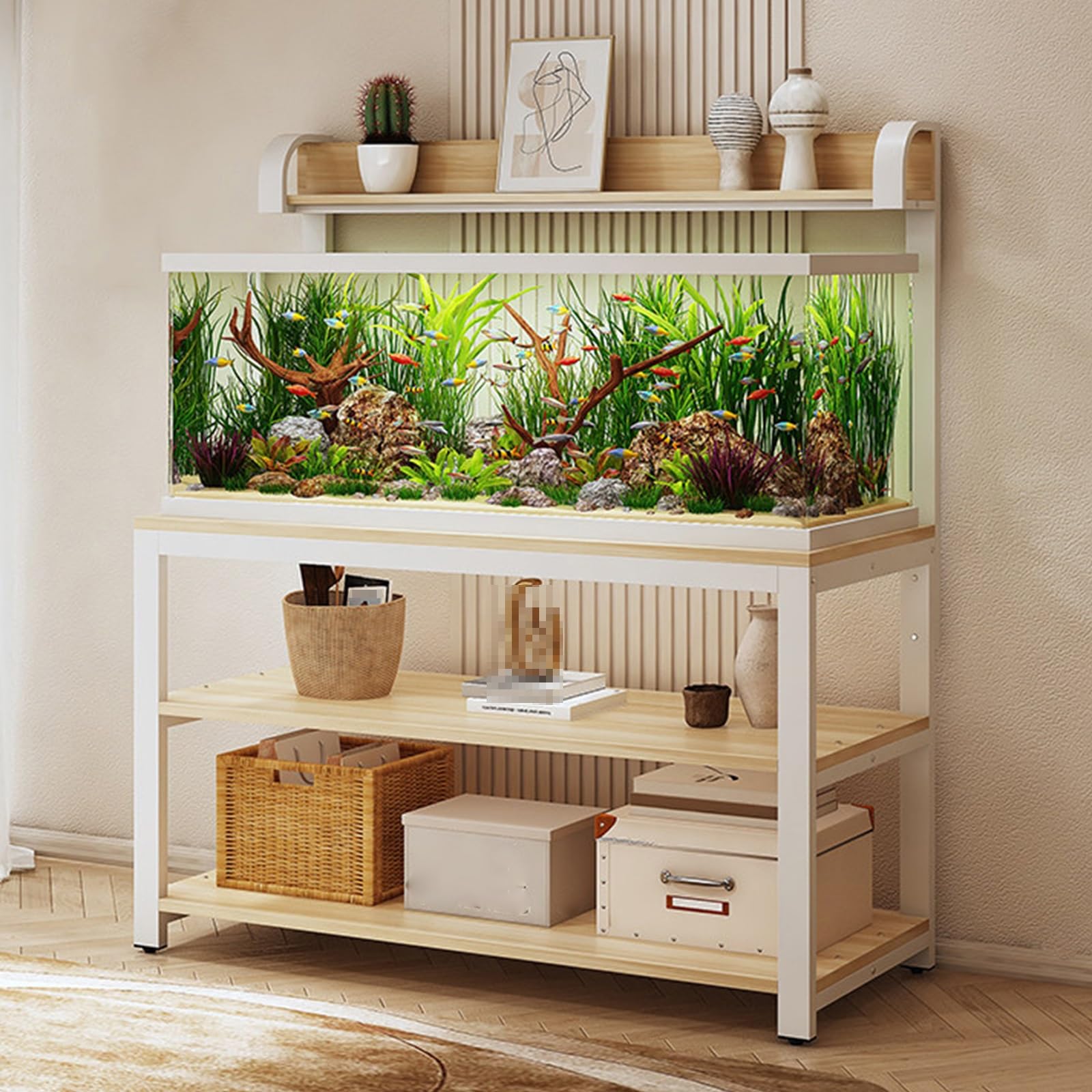 Szafka dolna do akwarium z półką, regulacja wysokości, szafka akwariowa z metalową ramą, otwarty design, do domu, salonu, biura, hotelu (biała + naturalna, 120 x 50 x 144 cm)
