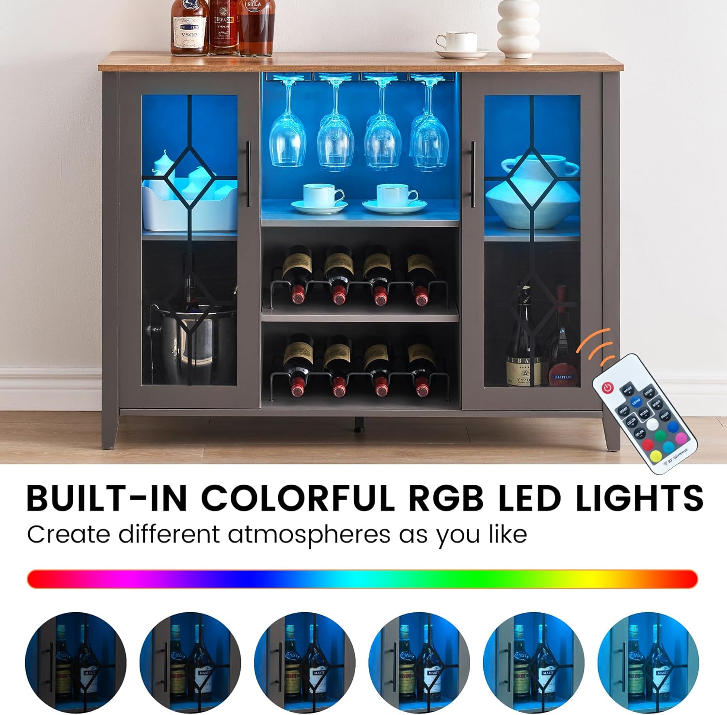 IDEALHOUSE Wine Cabinet with built-in colorful RGB LED lights and remote control.