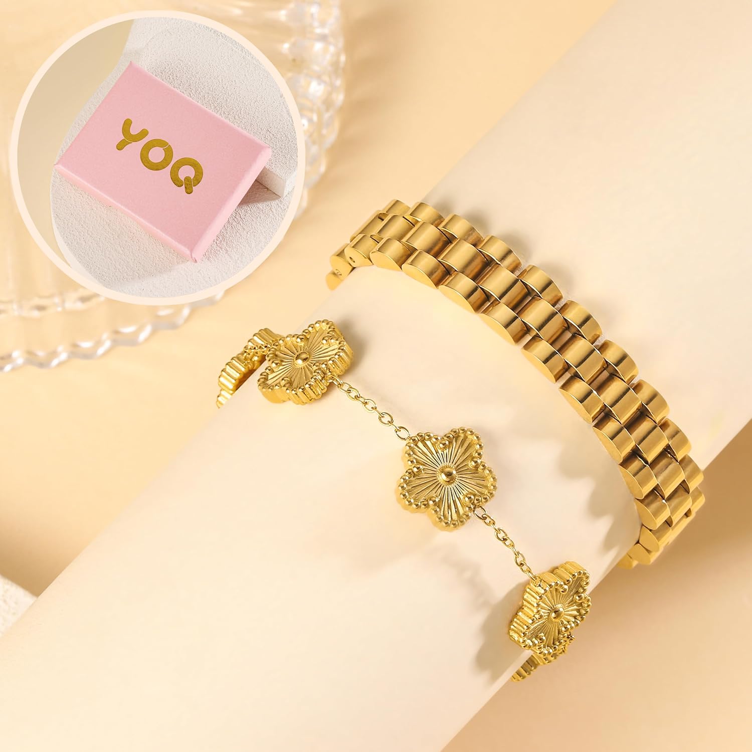 Stackable Four Leaf Clover Bracelets for Women, 18K Gold Plated Bangle Bracelets Se... - Image 5