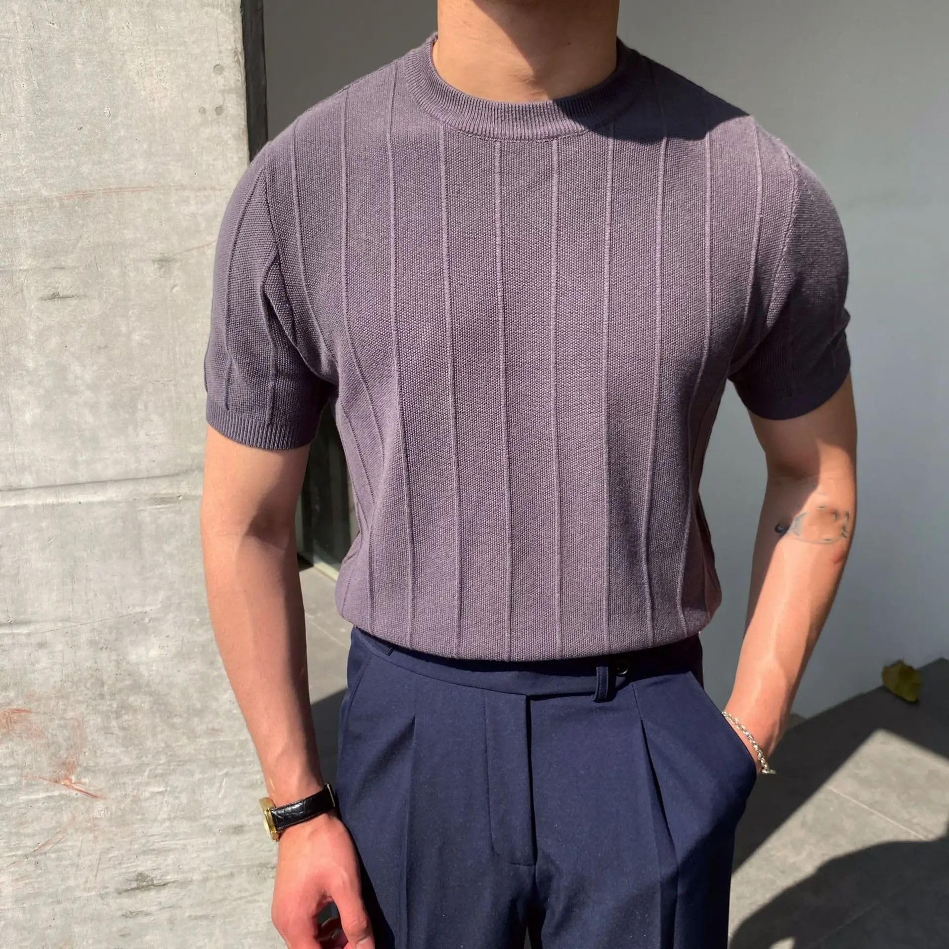 MORISTE Maglietta Uomo Lavorata a Maglia, Girocollo Leggero Manica Corta Casual Estiva Top