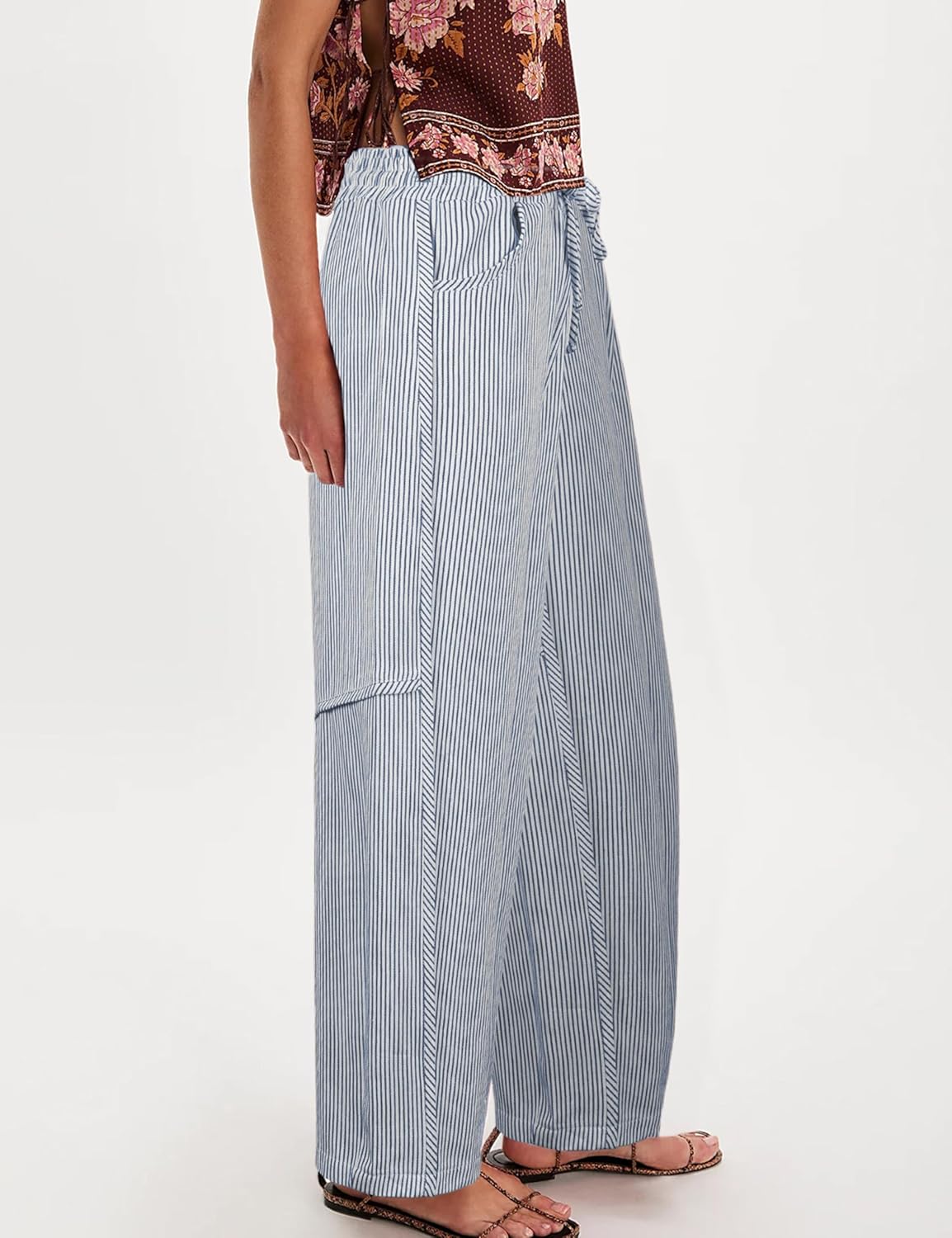 Athlisan Women's Striped Barrel Pants Casual Drawstring Elastic Waisted Wide Leg Baggy Jeans with Pockets