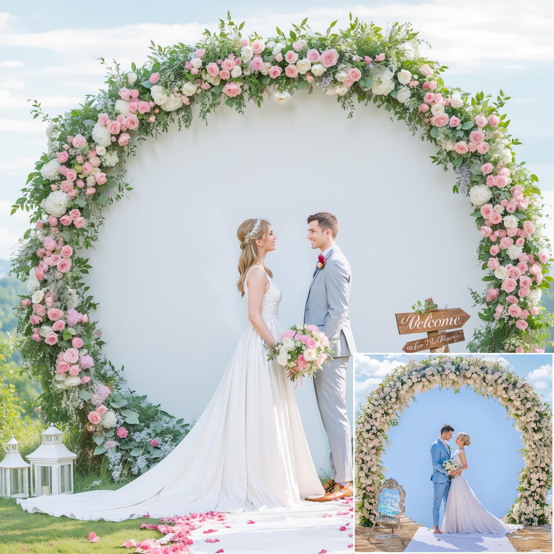 7.2 FT White and Blue Round Backdrop Cover Circle Arch Bckdrop Cover Double-Color Arch Covers Wrinkle Free Spandex Arch Covers Stretchy Backdrop for