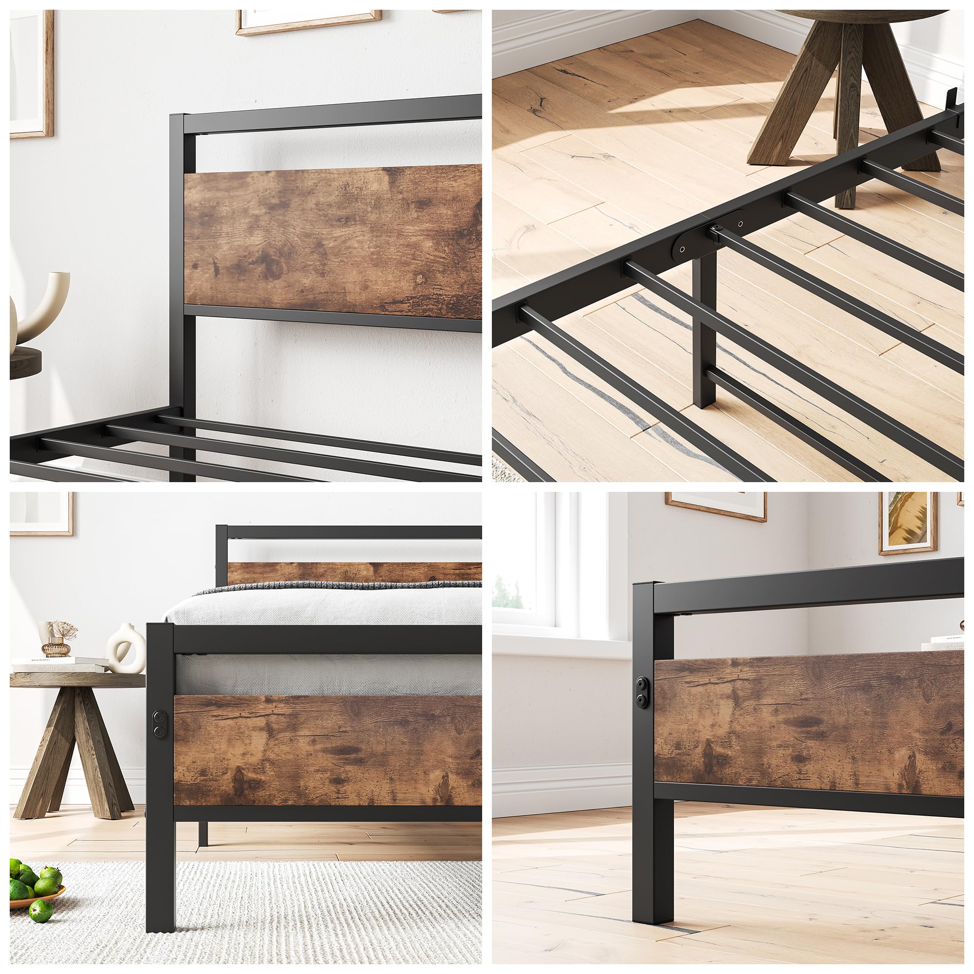 Bett 90x200 Bettrahmen aus Metall Holz Metallbett Einzelbetten Bettgestell Jugendbett 90x200 mit Lattenrost,Metall Bed Frame Braun und Schwarz