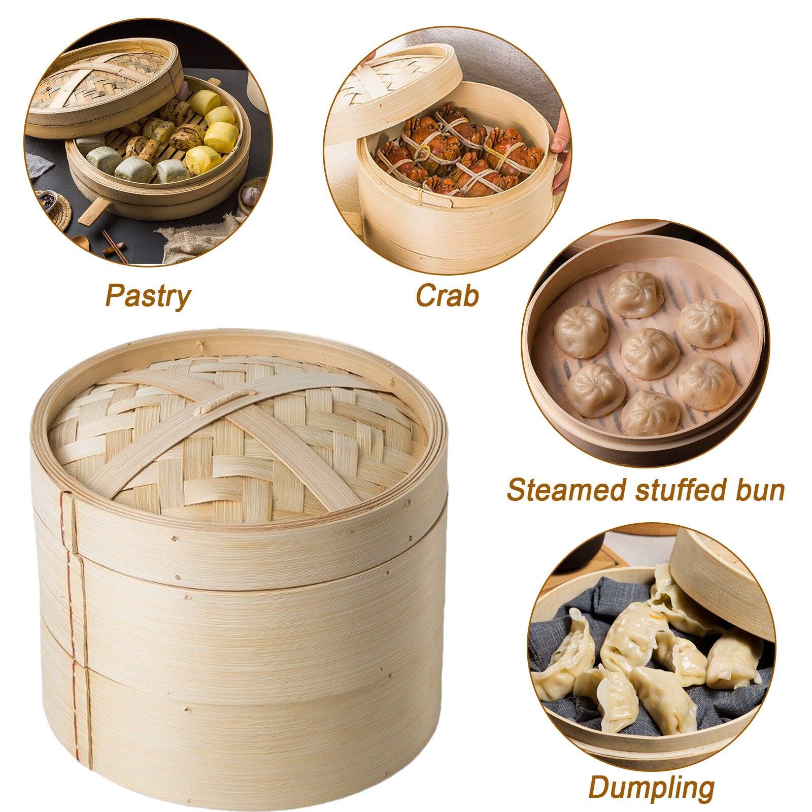 Lipfer Bambou À 2 Niveaux Bambou Suitier 6 Pouces Panier De Vapeur Alimentaire Maison Small Dumpling Pour Dim Sum, Poulet, Poisson, Légumes, Chignon, Riz