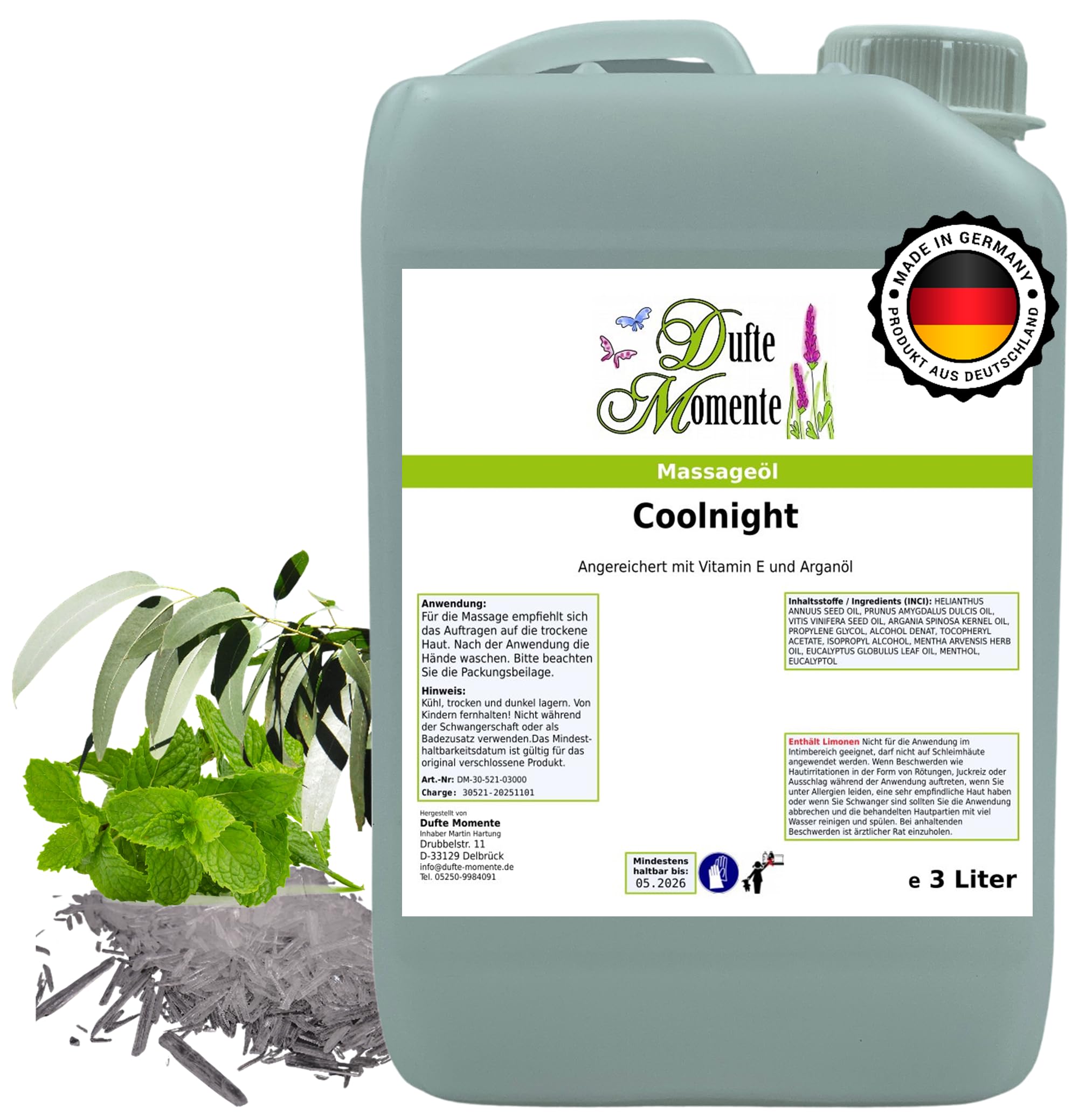 Dufte Momente Massageöl Coolnight – 3 Liter – Pflanzenölbasis mit Minze, Menthol & Eukalyptus – frisch & belebend – für Massage & Wellness – vegan & Made in Germany