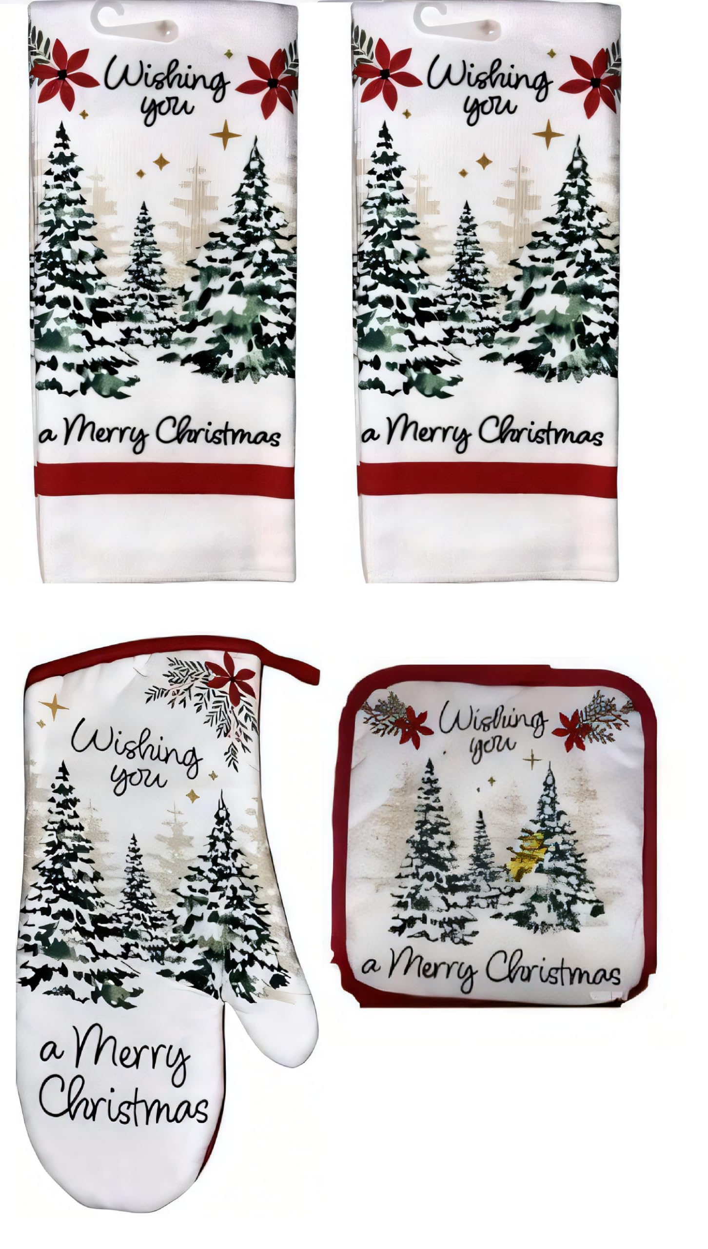 Christmas Holiday Decorative Wishing You A Merry Christmas Kitchen Towel Set - 2 Dish or Hand Towels, 2 Pot Holders, 1 Oven Mitt - Snowy Pine Trees with Poinsettias and Gold Stars
