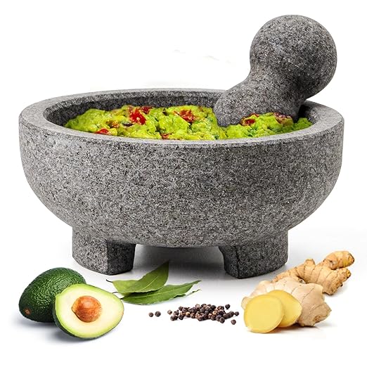 Luvan Large Mortar and Pestle Set,4 Cups Unpolished Granite Molcajete Mexicano Guacamole Bowl,Stone Grinder Bowl for Crushing/Grinding-Guacamole,Spices Grinder,Herb Crusher,Salsa and Pesto-8IN/Gray