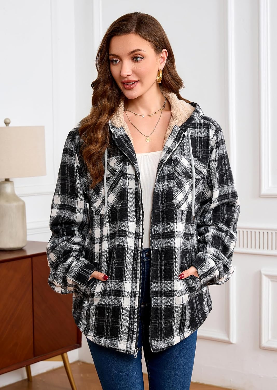 Women's Full Zip Fleece Flannel Jacket Plaid Sherpa Lined Jacket for Women - Image 2