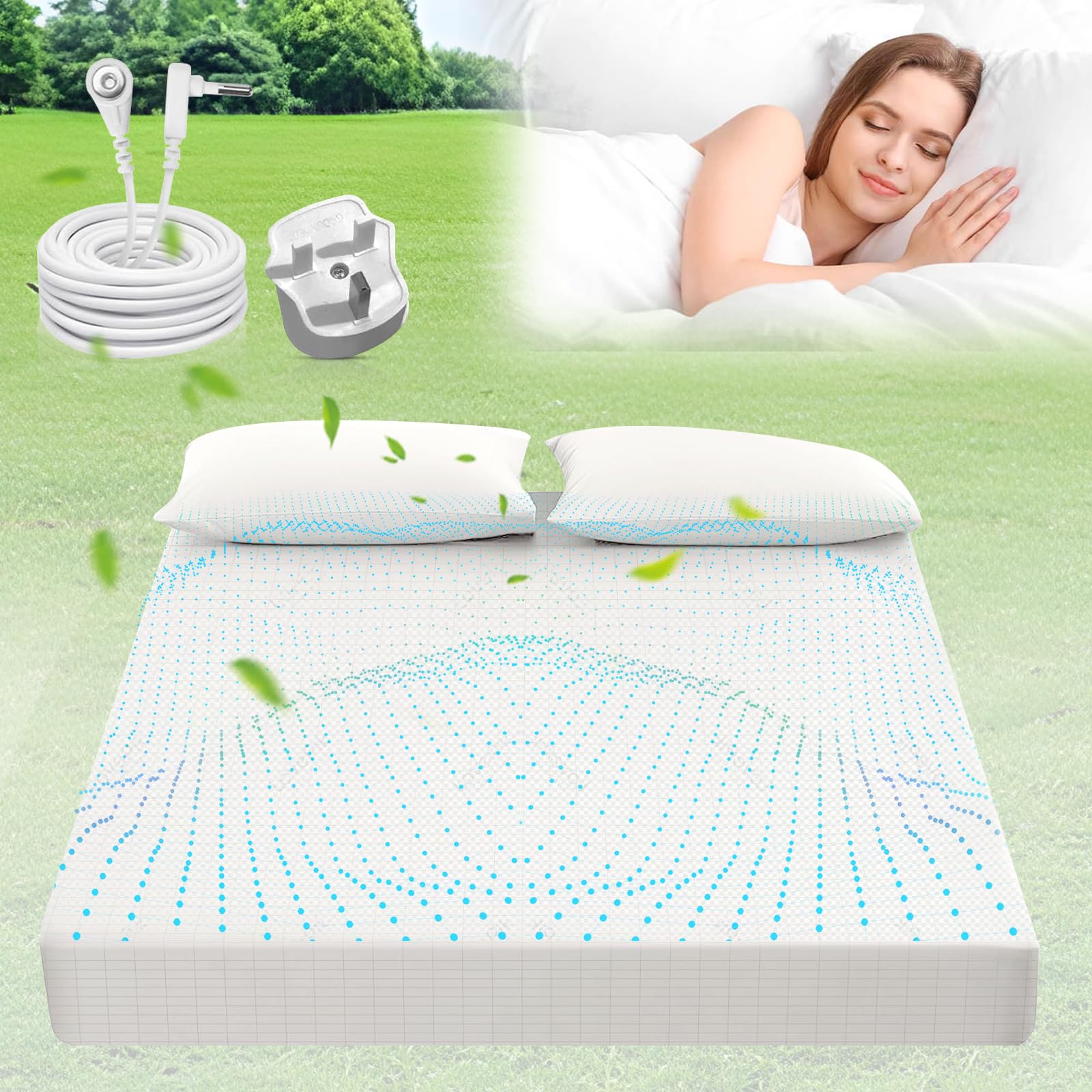Lenzuolo con messa a terra, lenzuolo con messa a terra con 10% fibra d'argento e 90% cotone biologico, benessere naturale e tappetino energetico sano (bianco 193 x 203 x 33)