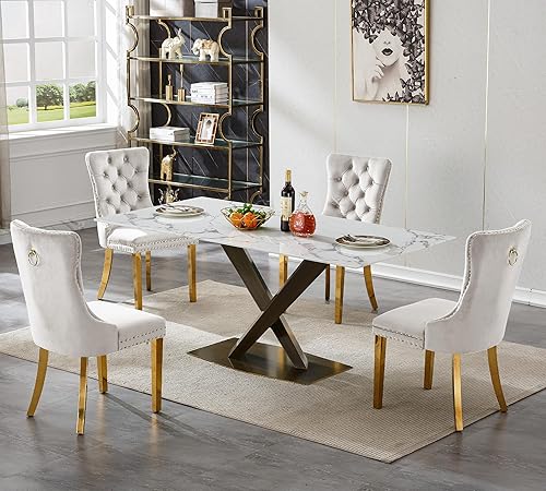 Miniatura 12 de Juego de mesa de comedor de mármol blanco para 6, 70 pulgadas, mesa de comedor de mármol blanco con 6 sillas de terciopelo beige y base de acero al